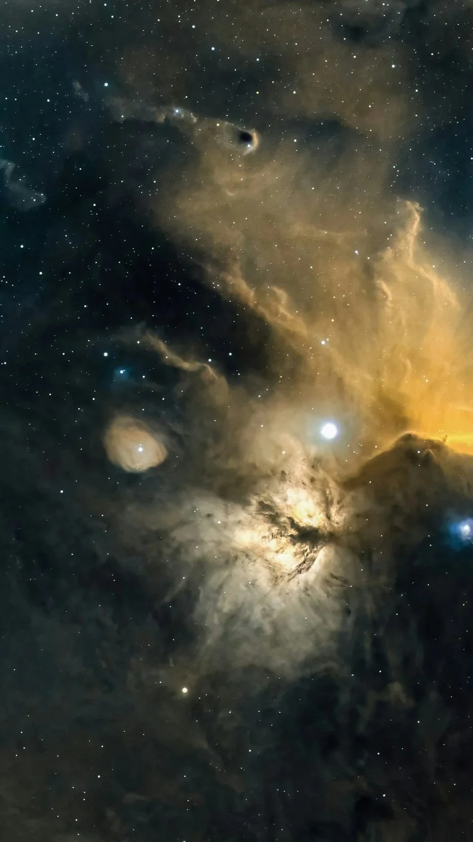 Deep space image of stars, nebulae, and a black hole in the center surrounded by dust and gas clouds.