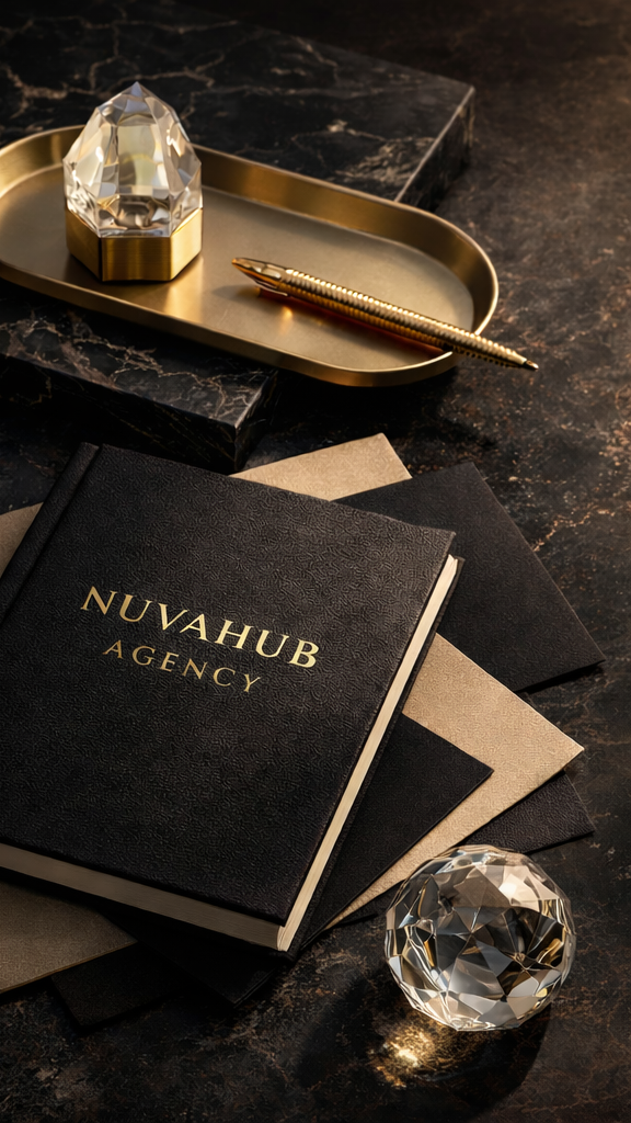 A black notebook labeled 'NUVAHUB AGENCY', several black and beige papers, a gold and crystal pen, a gold-trimmed tray with a decorative crystal object, and a small crystal ball are arranged on a dark marble surface.