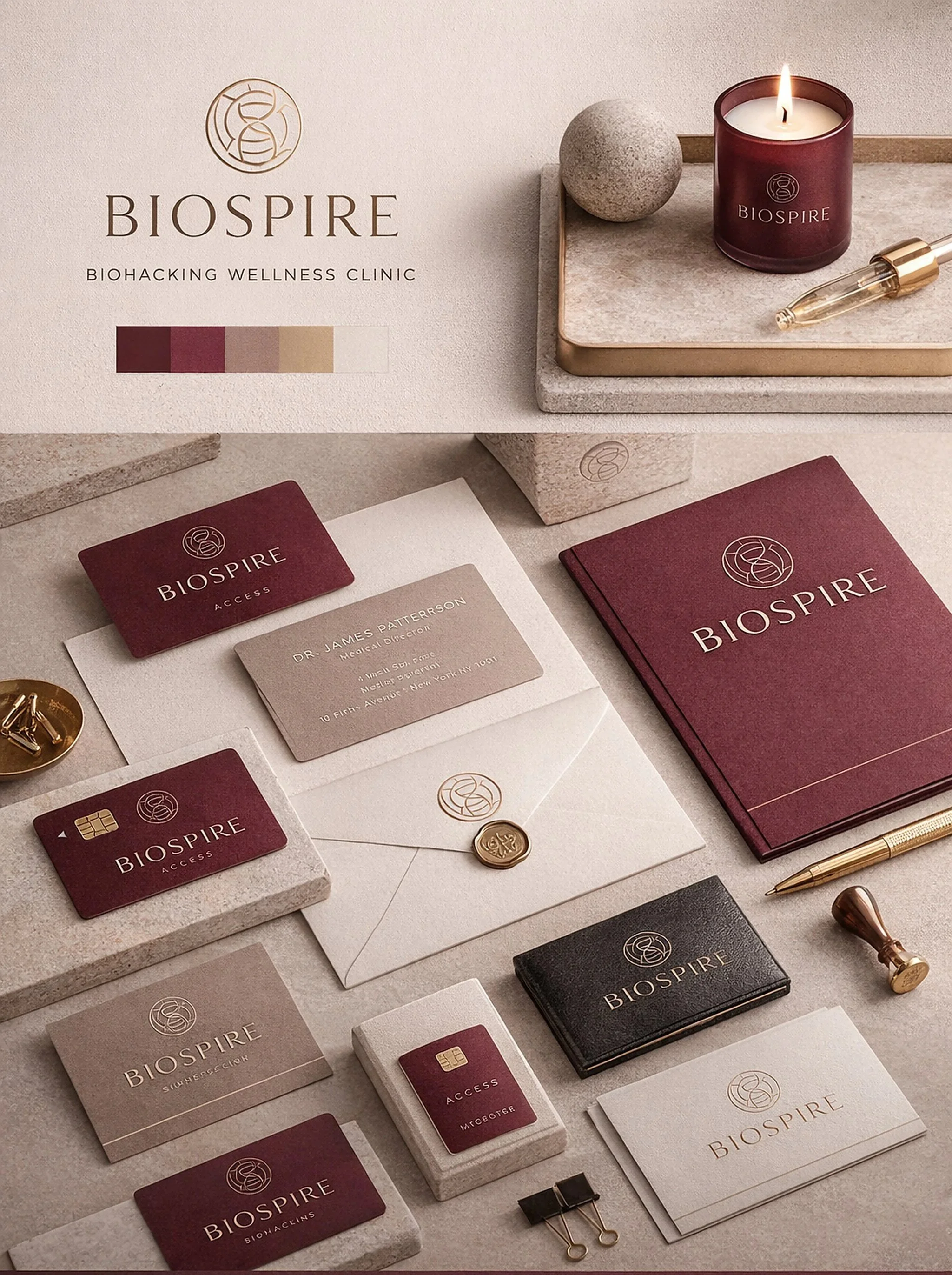 Arranged branding materials, cards, and office items for Biospire, a biohacking wellness clinic, on a neutral background with a candle, stone, and pens.