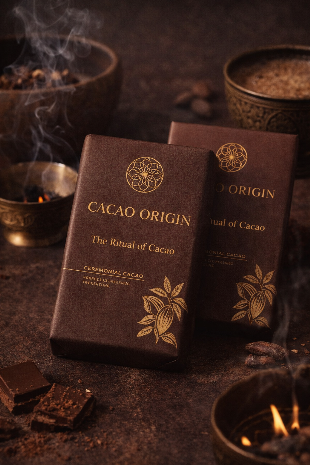 Two brown cacao packaging boxes labeled 'Cacao Origin: The Ritual of Cacao' with gold text and design, surrounded by burning incense, cacao beans, and small candles, on a dark textured surface.