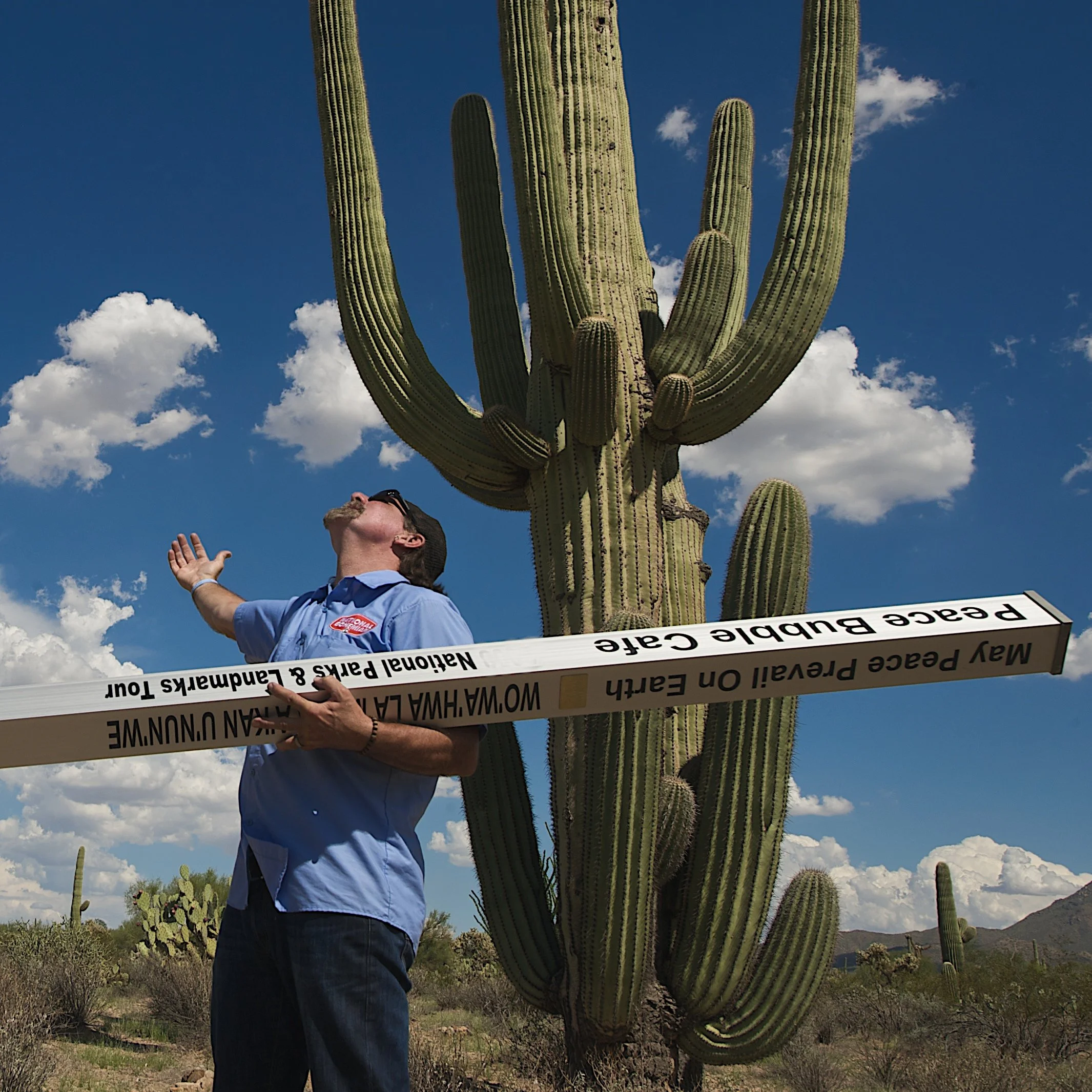 Tucson, AZ — Standing with the saguaro, sacred relatives in the tradition of the Tohono O’odham, holding a Peace Pole.