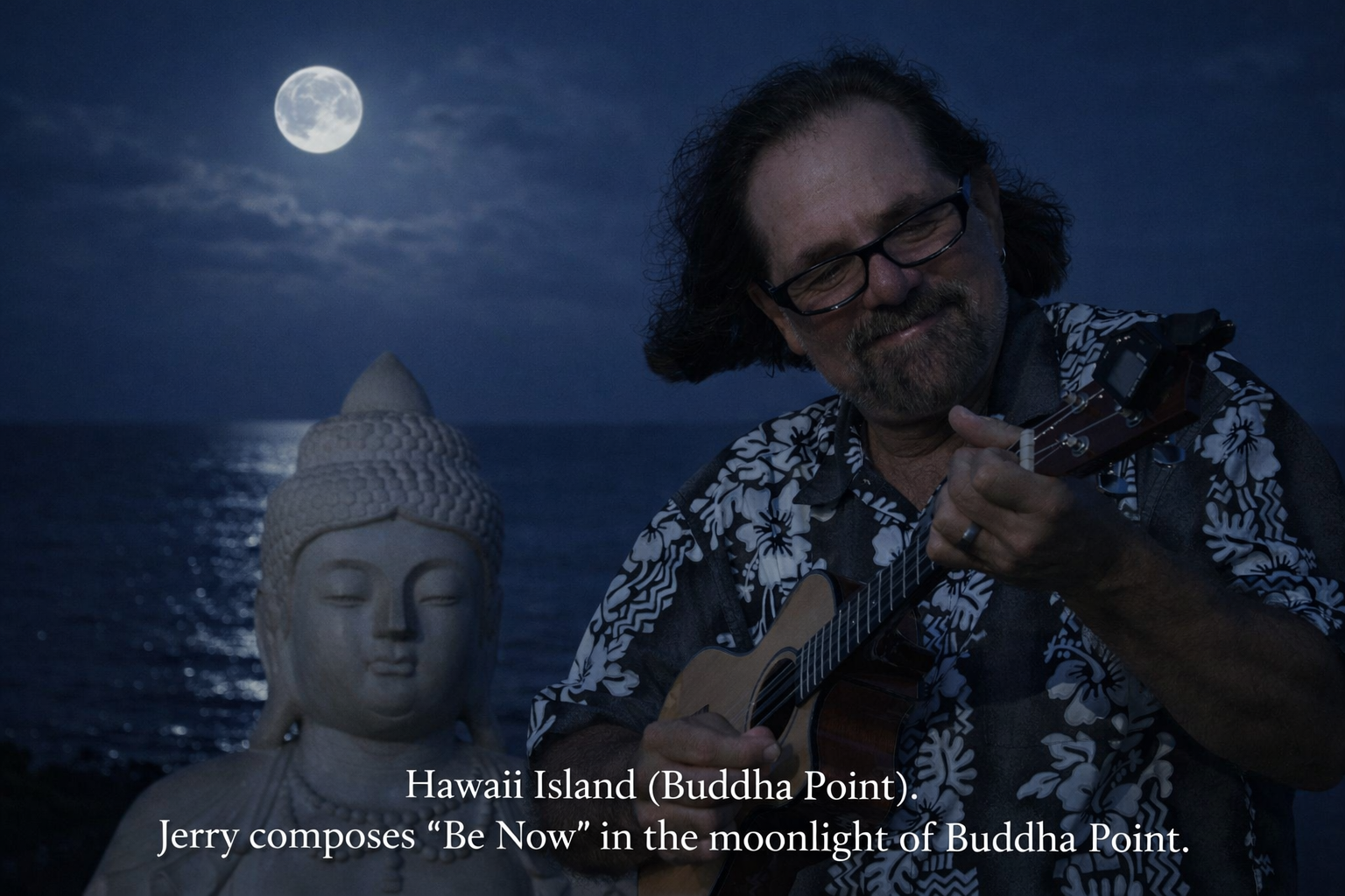 On Hawaii Island at Buddha Point, beneath a quiet moon and endless sky, Jerry begins composing “Be Now”—a song rooted in presence, stillness, and the gentle invitation to return to this moment.