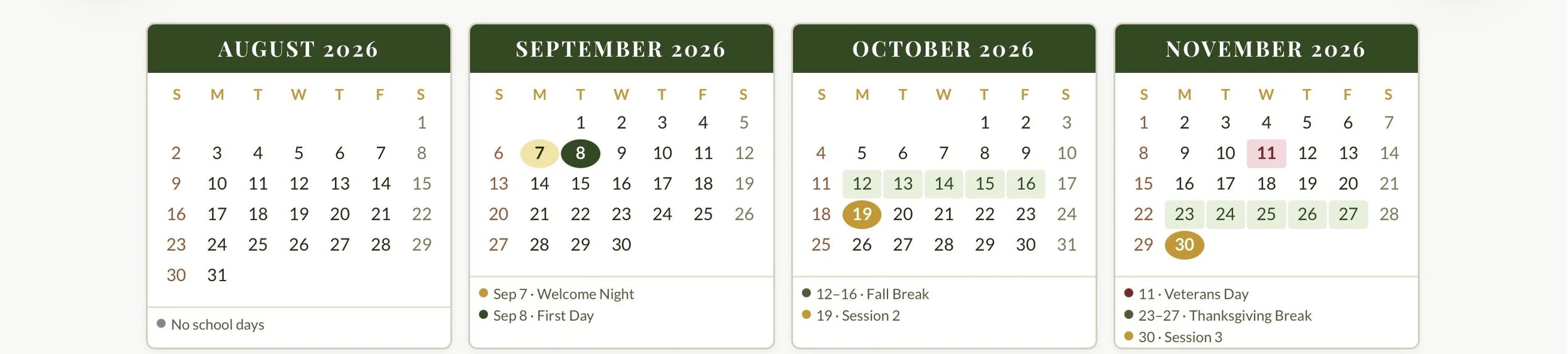 School calendar for August to November 2026 with marked school days, holidays, and breaks including Veterans Day, Thanksgiving Break, and Fall Break, with specific dates highlighted.