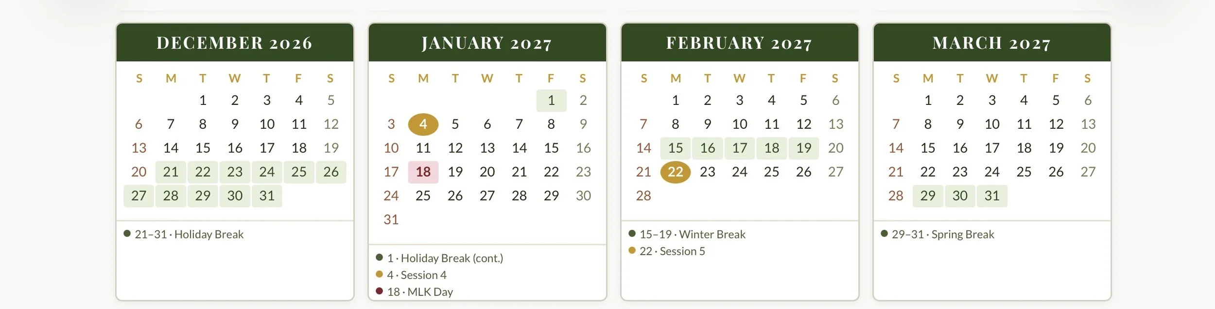 A school academic calendar showing months December 2026 through March 2027, with dates marked for breaks, holidays, and special events such as MLK Day and session dates.