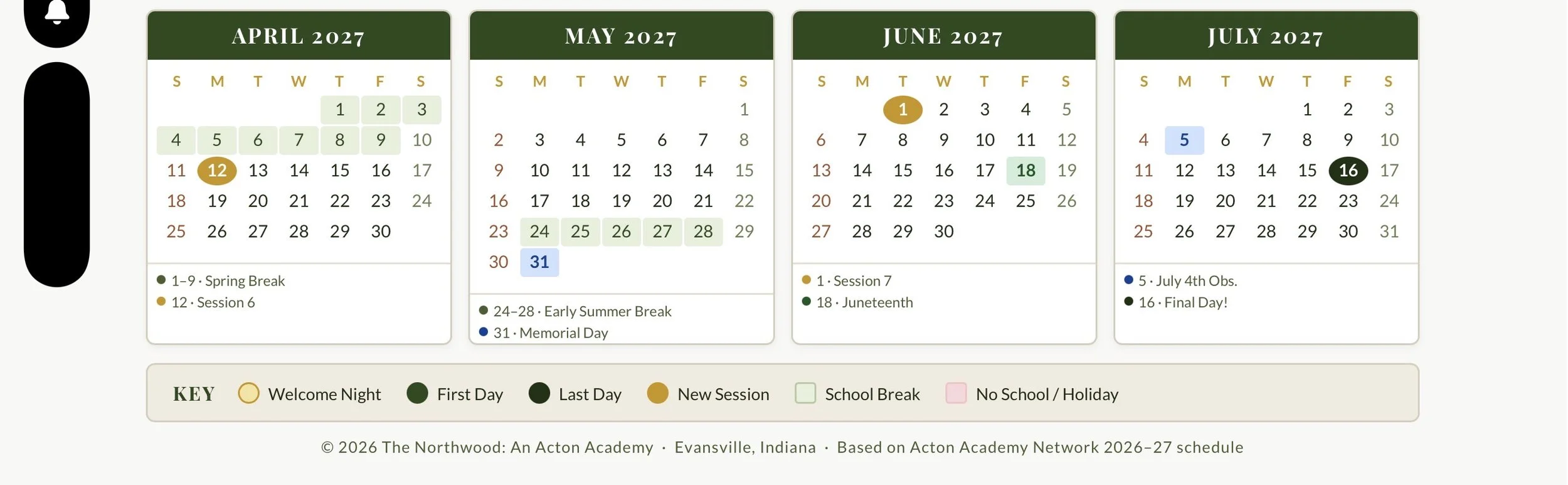 Academic calendar for April to July 2027, displaying important dates and breaks, including spring break, summer break, and holidays with color-coded indicators for each month.