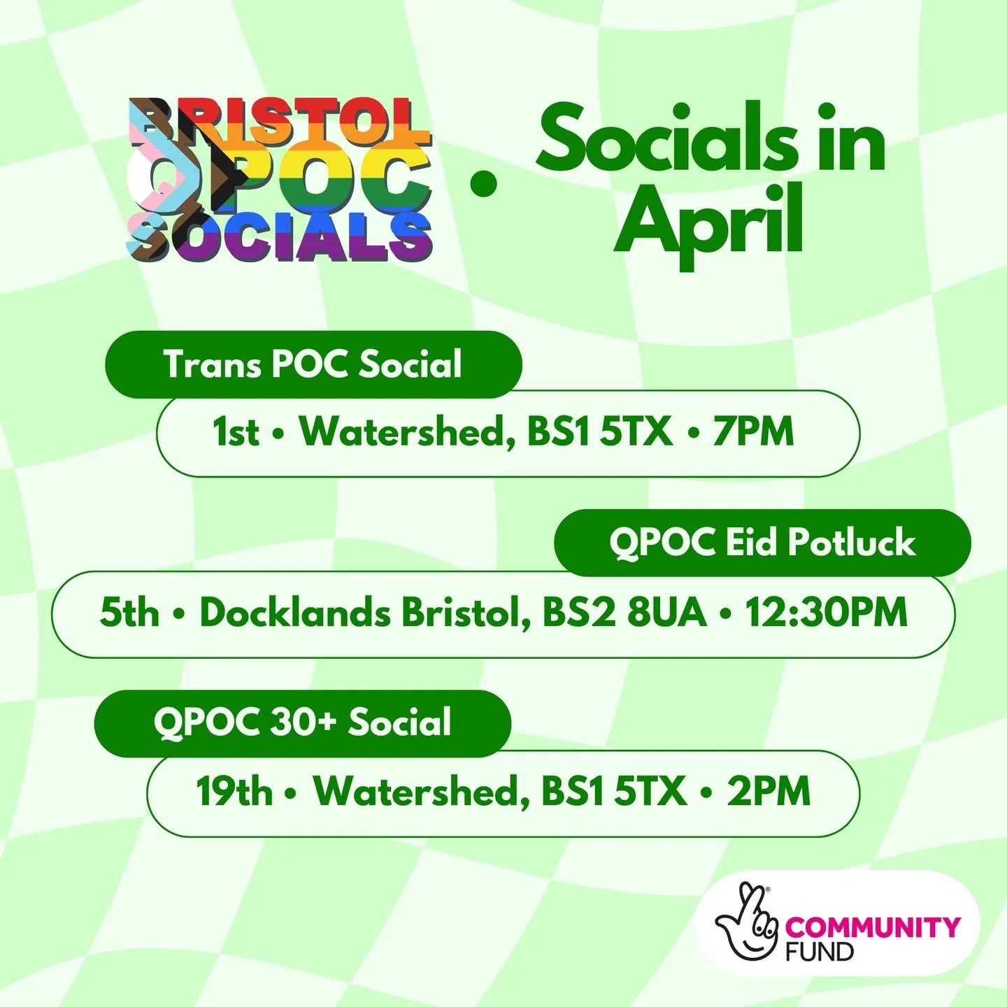 💚 Bristol QPOC Socials in April 💚

🏳️&zwj;⚧️ Trans POC Social - Wednesday 1st April 7pm - Watershed 🏳️&zwj;⚧️

🌙 QPOC Eid Potluck - Sunday 5th April 12:30pm-5pm - Docklands Bristol 🌙

🌈 QPOC 30+ Social - Sunday 19th April 2pm - Watershed 🌈

~