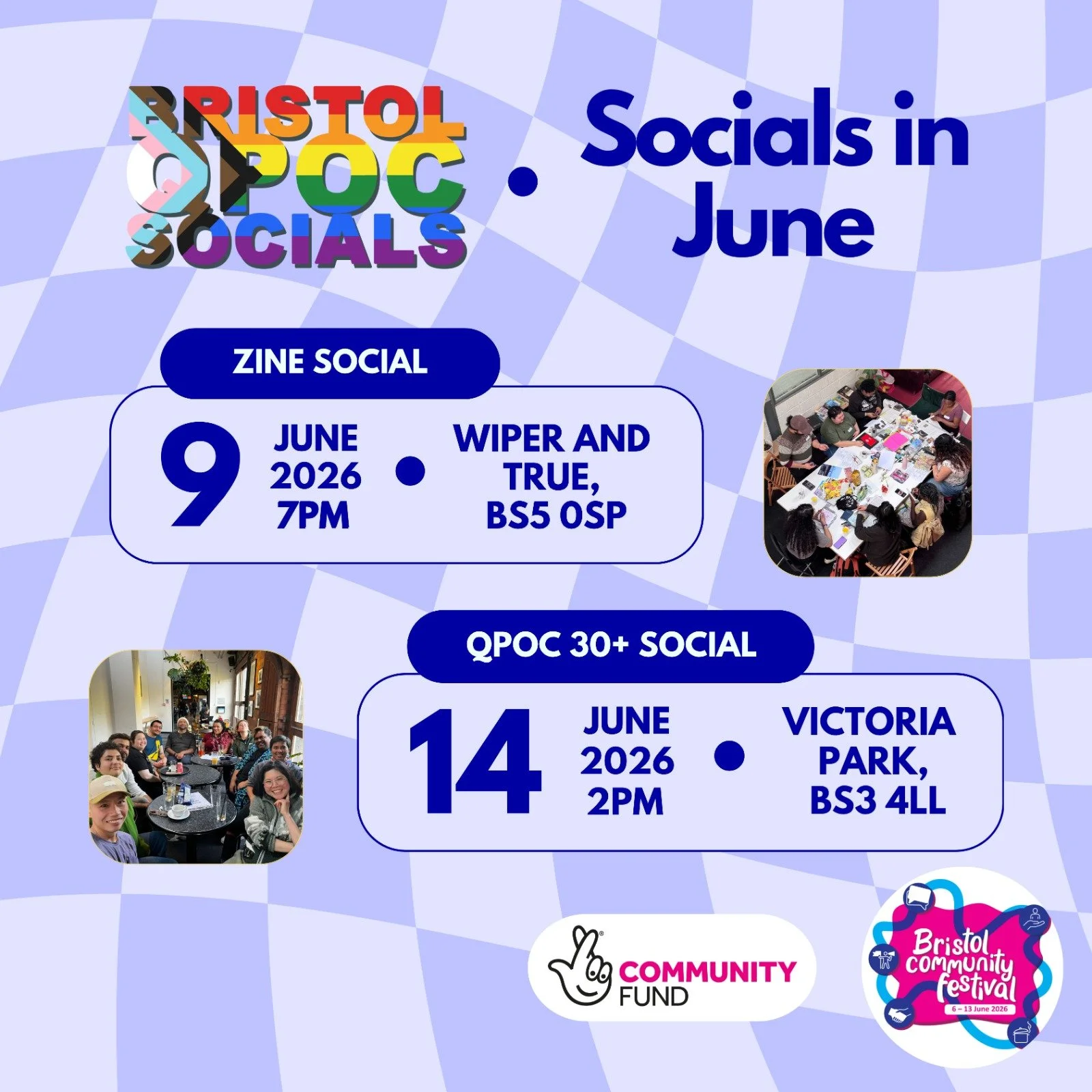💙Bristol QPOC Socials in June💙 

(We&rsquo;ve got some date changes for this month!)

💭QPOC Zine Social - Tuesday 9th June 7pm - Wiper And True, Old Market💭 

🌈QPOC 30+ Social - Sunday 14th June 2pm - Victoria Park, 12 Hill Ave, Bristol, BS3 4LL