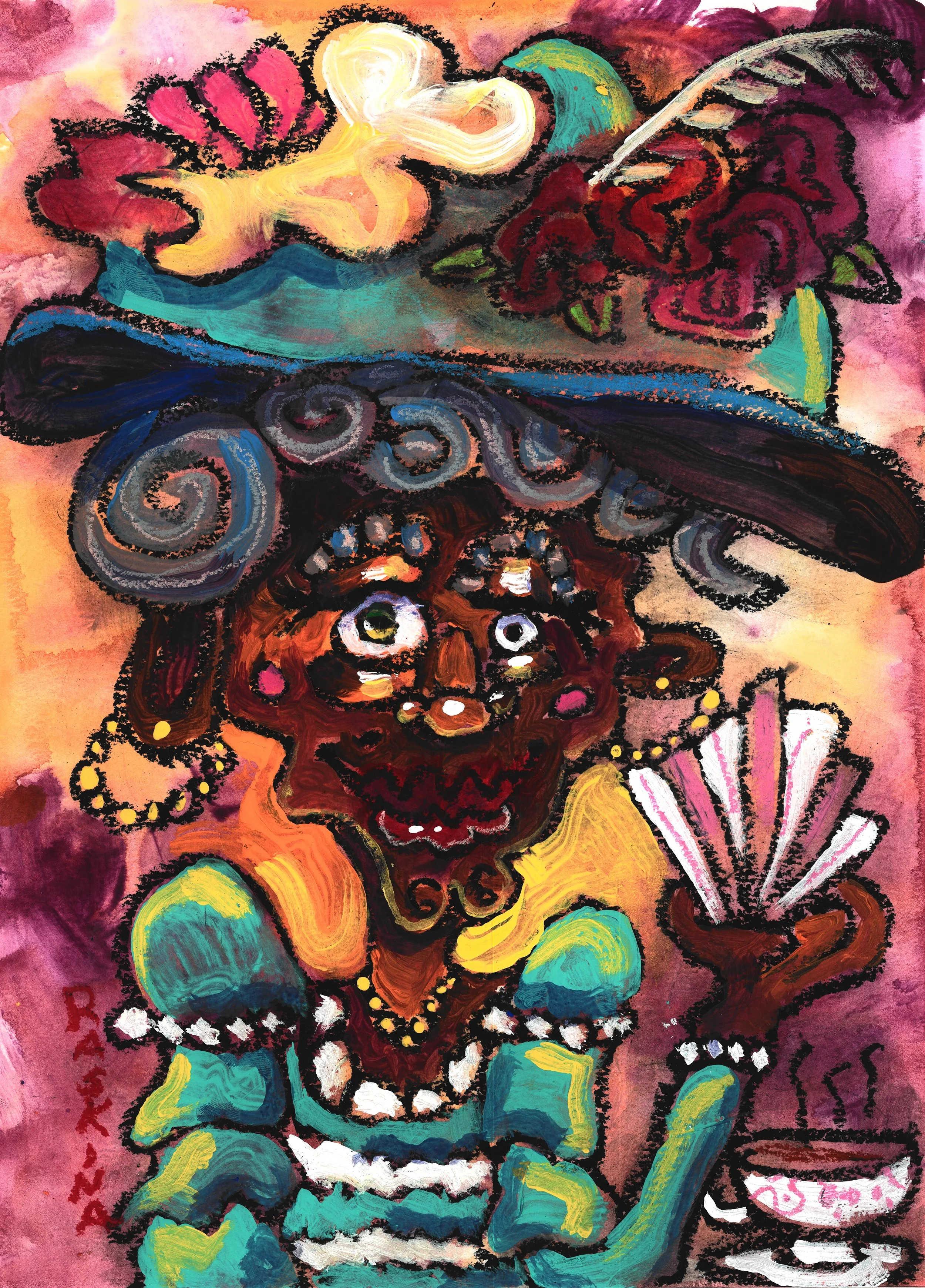Fancy Tea Party. Acrylic & Oil Pastel on Watercolor Paper. 14 x 11". Available