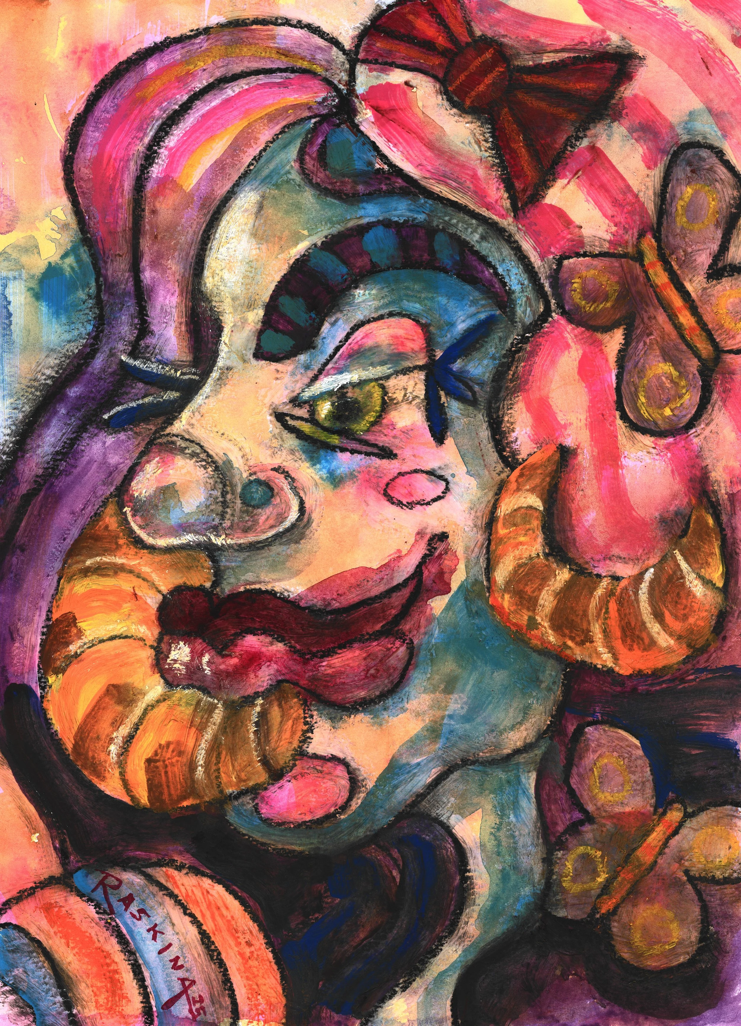 Girl with the Croissant Earrings. Acrylic & Oil Pastel on Watercolor Paper. 14 x 11". Available through Moonlight Art Collective.
