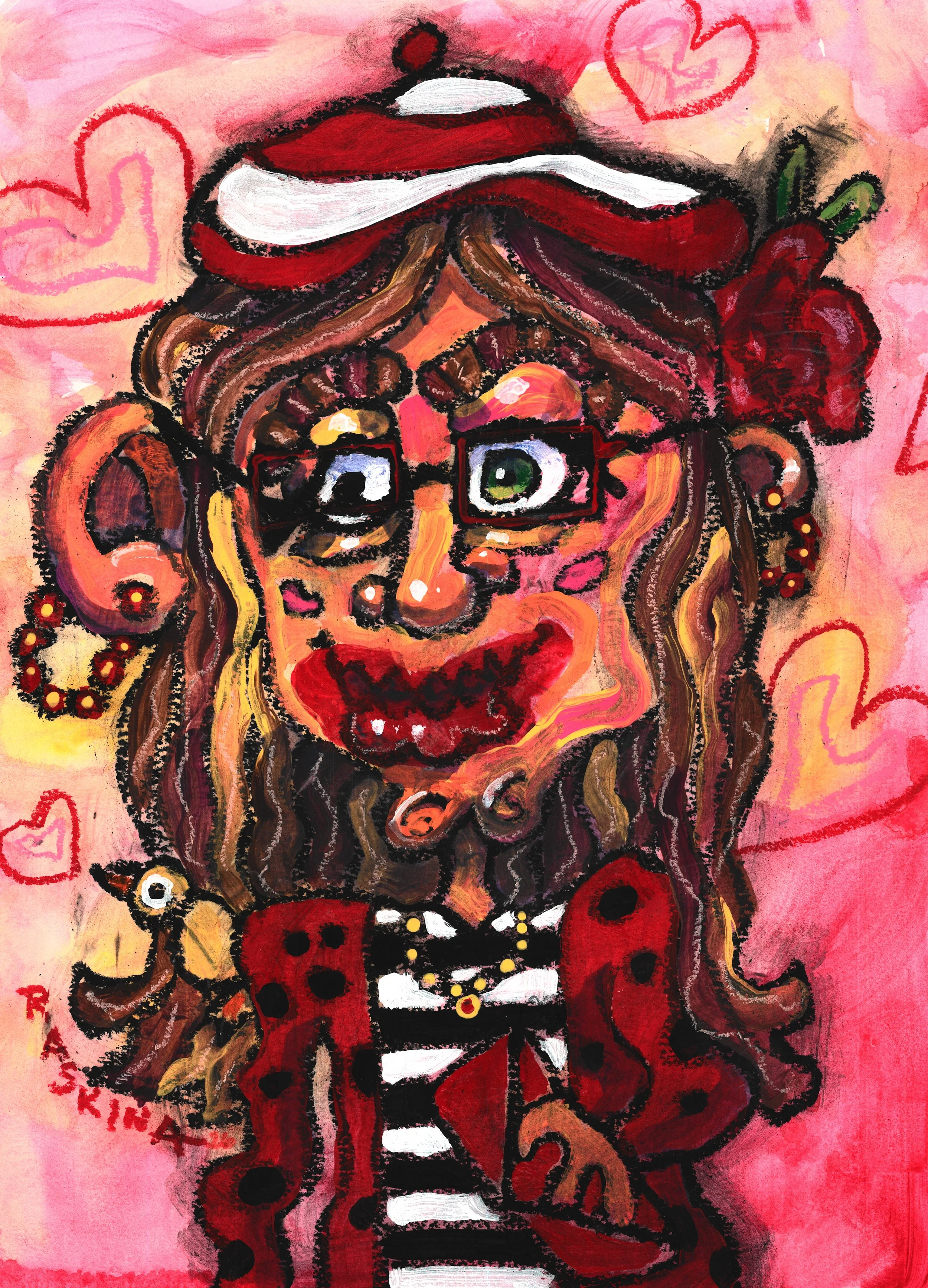 Lady in Red. Acrylic & Oil Pastel on Watercolor Paper. 14 x 11". Available
