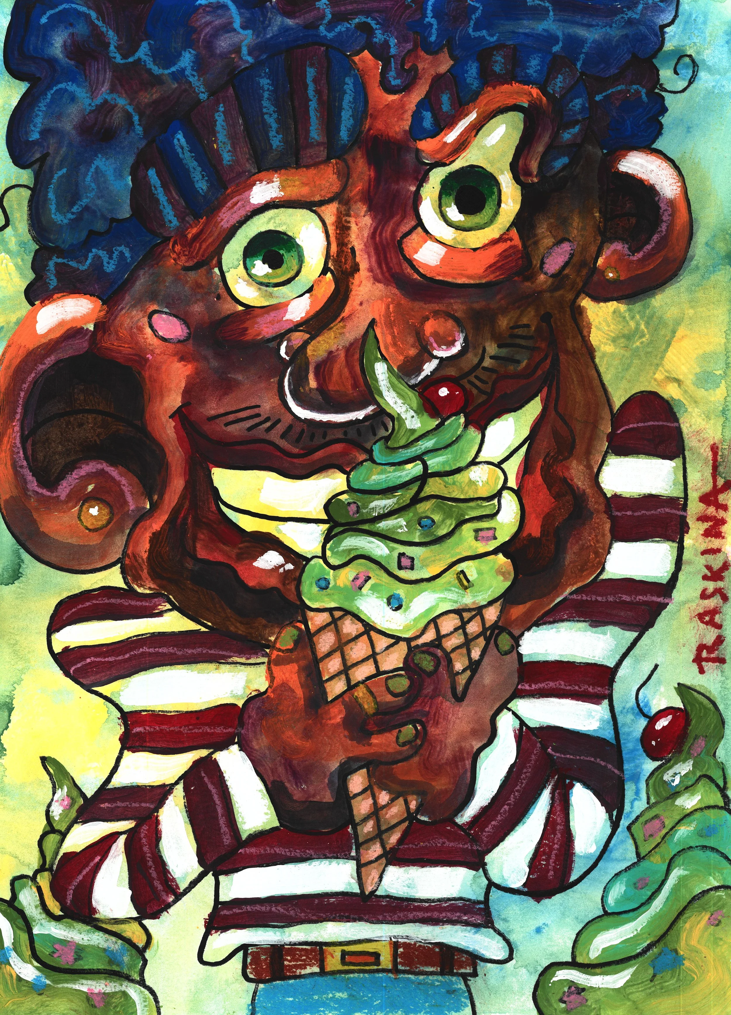 Mine...They're all MINE!! Acrylic & Oil Pastel on Watercolor Paper. 14 x 11". Available