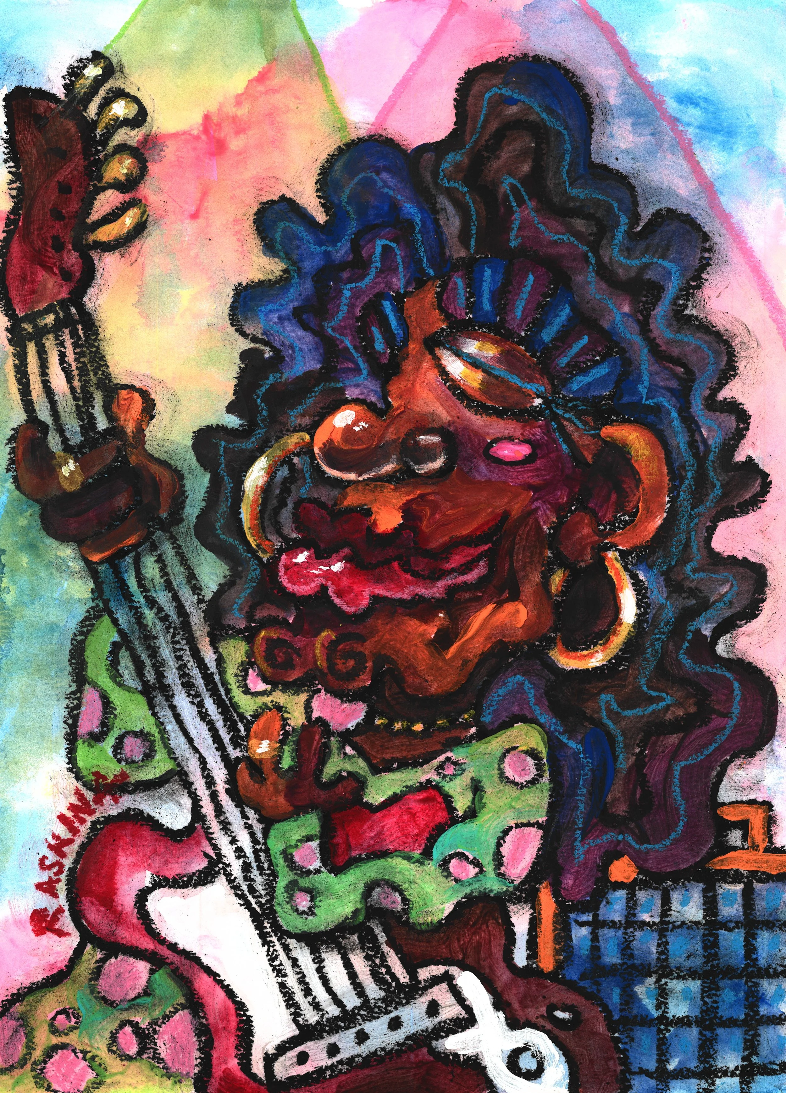 Slappin Da Bass. Acrylic & Oil Pastel on Watercolor Paper. 14 x 11". Available