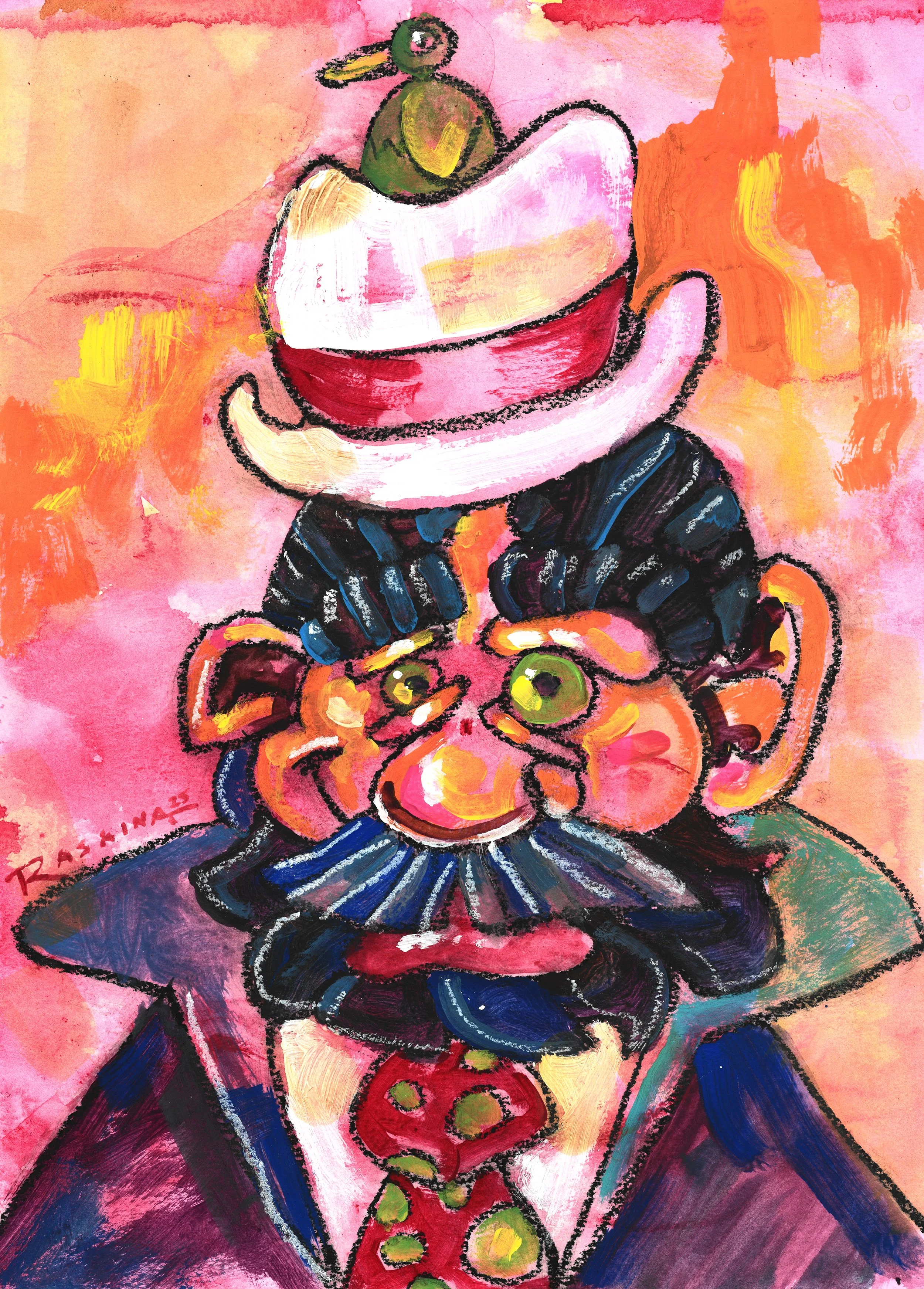 Gentleman with Hat & Bird No. 3. Acrylic & Oil Pastel on Watercolor Paper. 14 x 11". Available