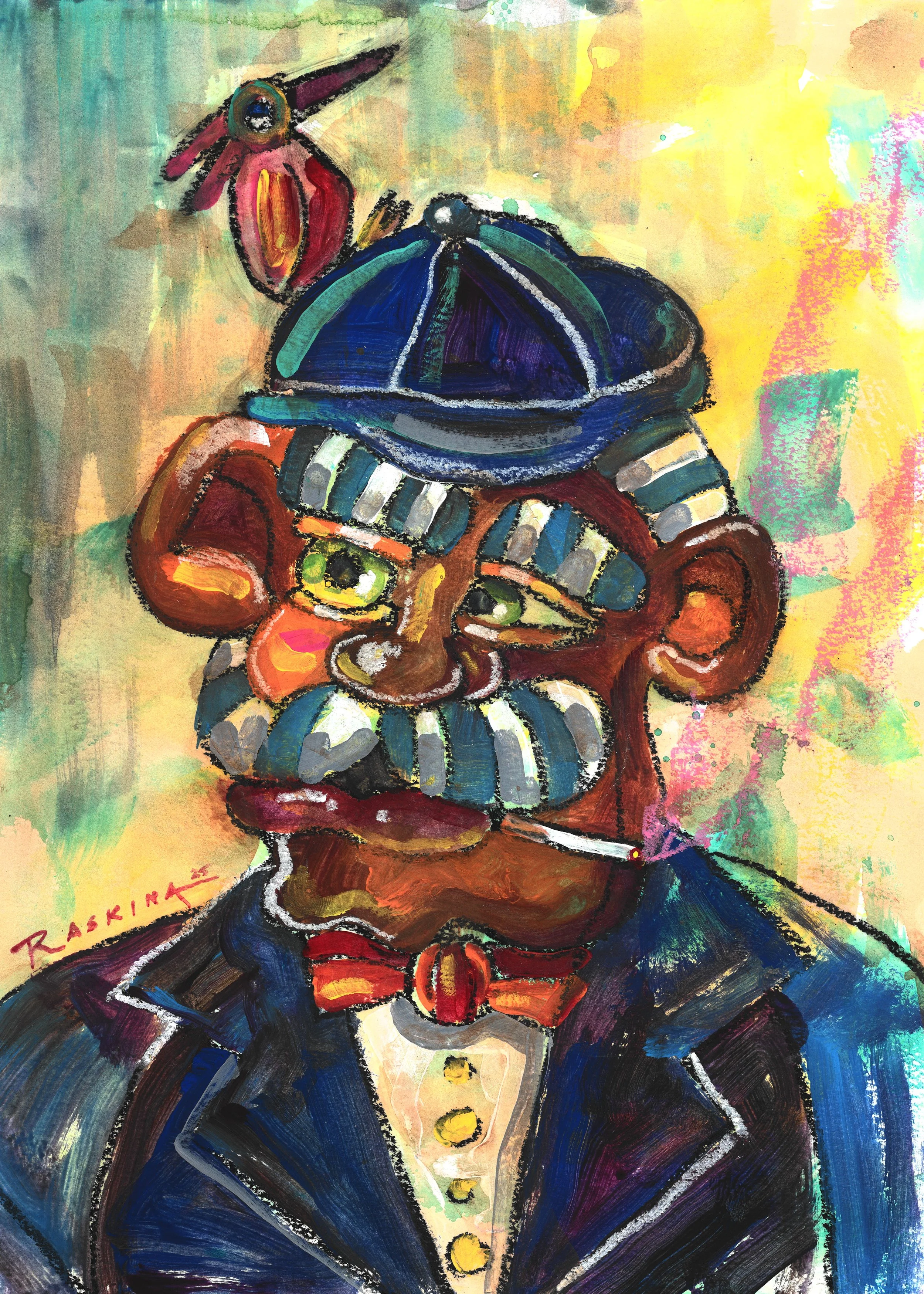 Gentleman with Hat & Bird No. 2. Acrylic & Oil Pastel on Watercolor Paper. 14 x 11". Available