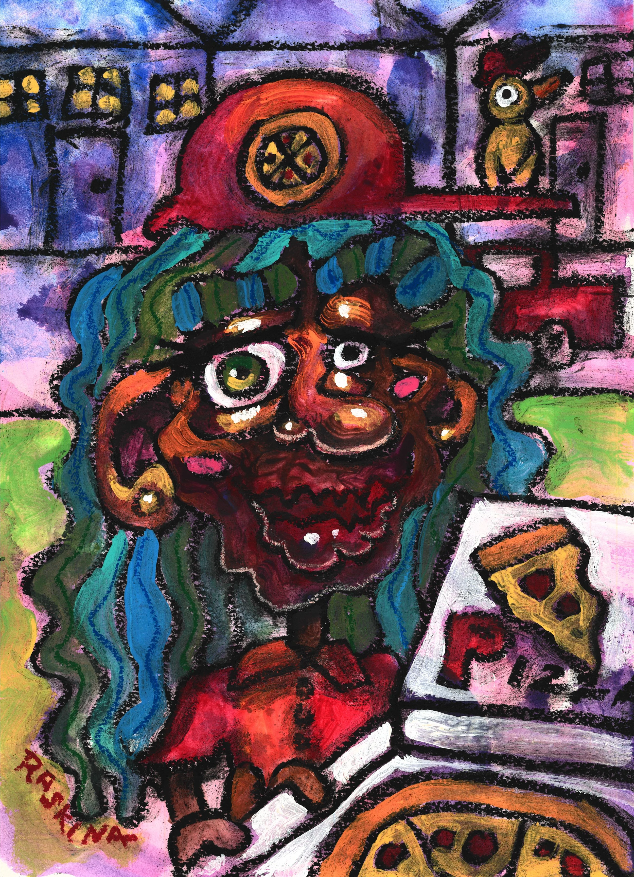 Pizza Time. Acrylic & Oil Pastel on Watercolor Paper. 14 x 11". Available