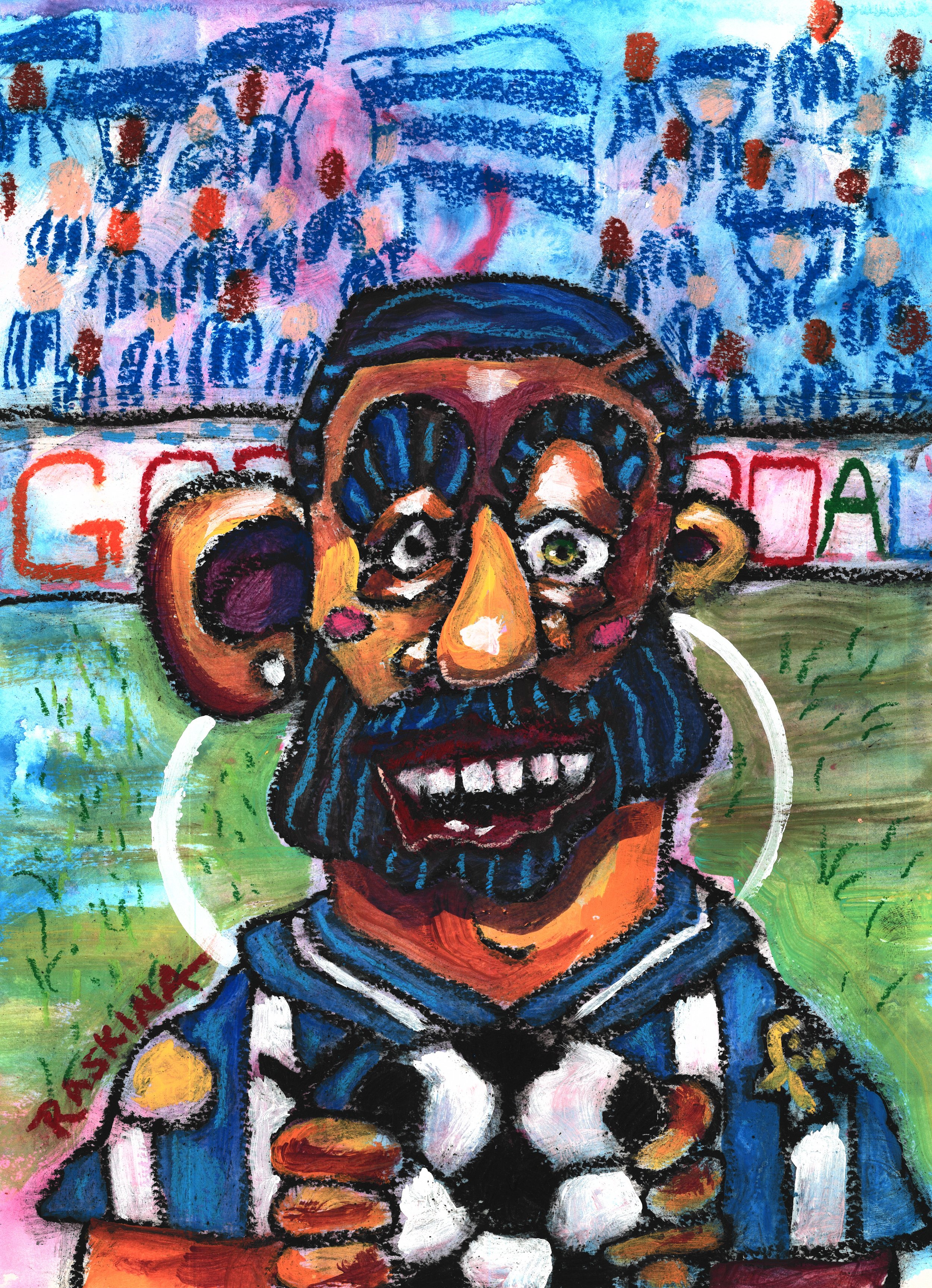 GOOOAAAALLLLL. Acrylic & Oil Pastel on Watercolor Paper. 14 x 11". Available