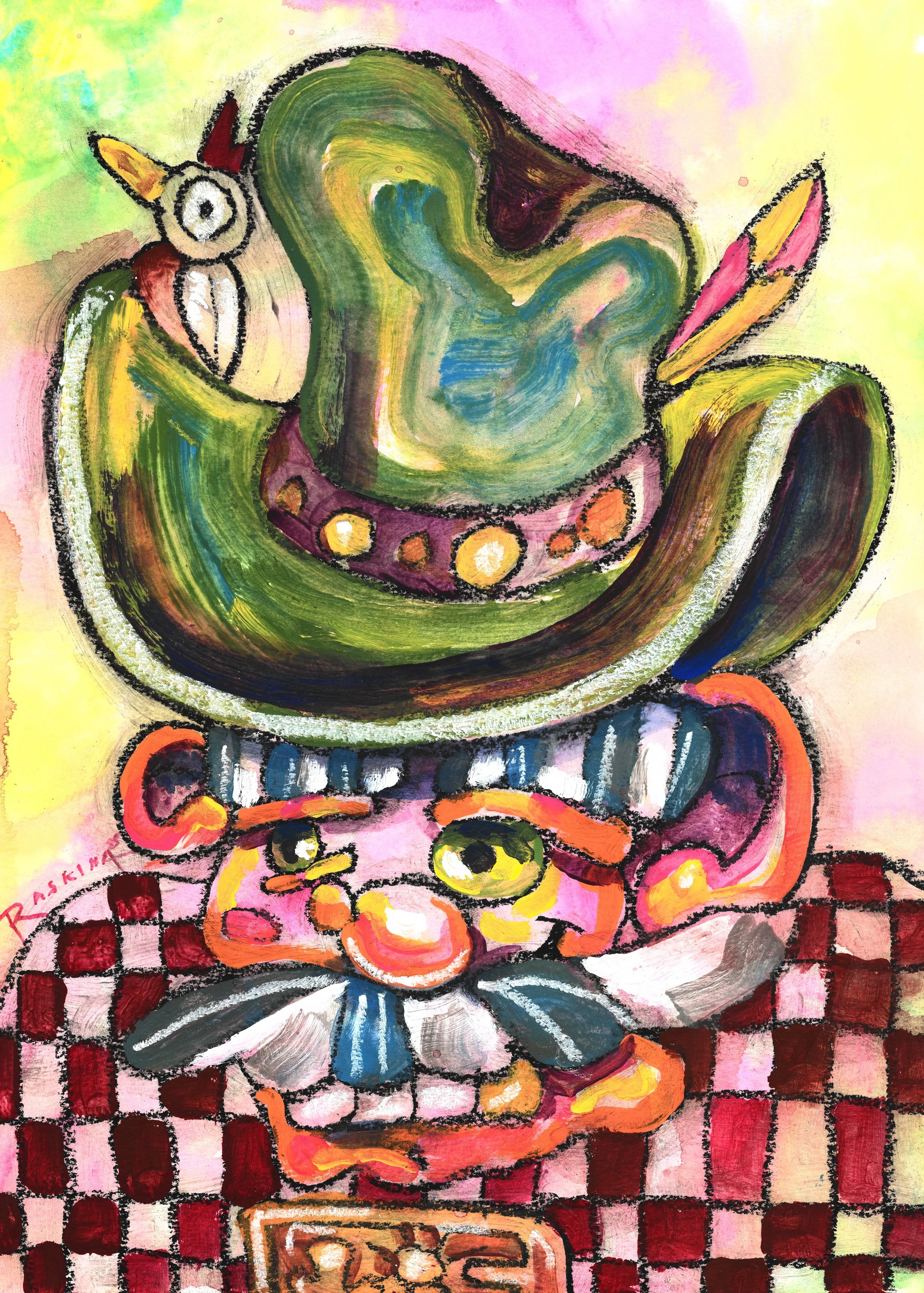 Gentleman with Hat & Bird No. 5. Acrylic & Oil Pastel on Watercolor Paper. 14 x 11". Available