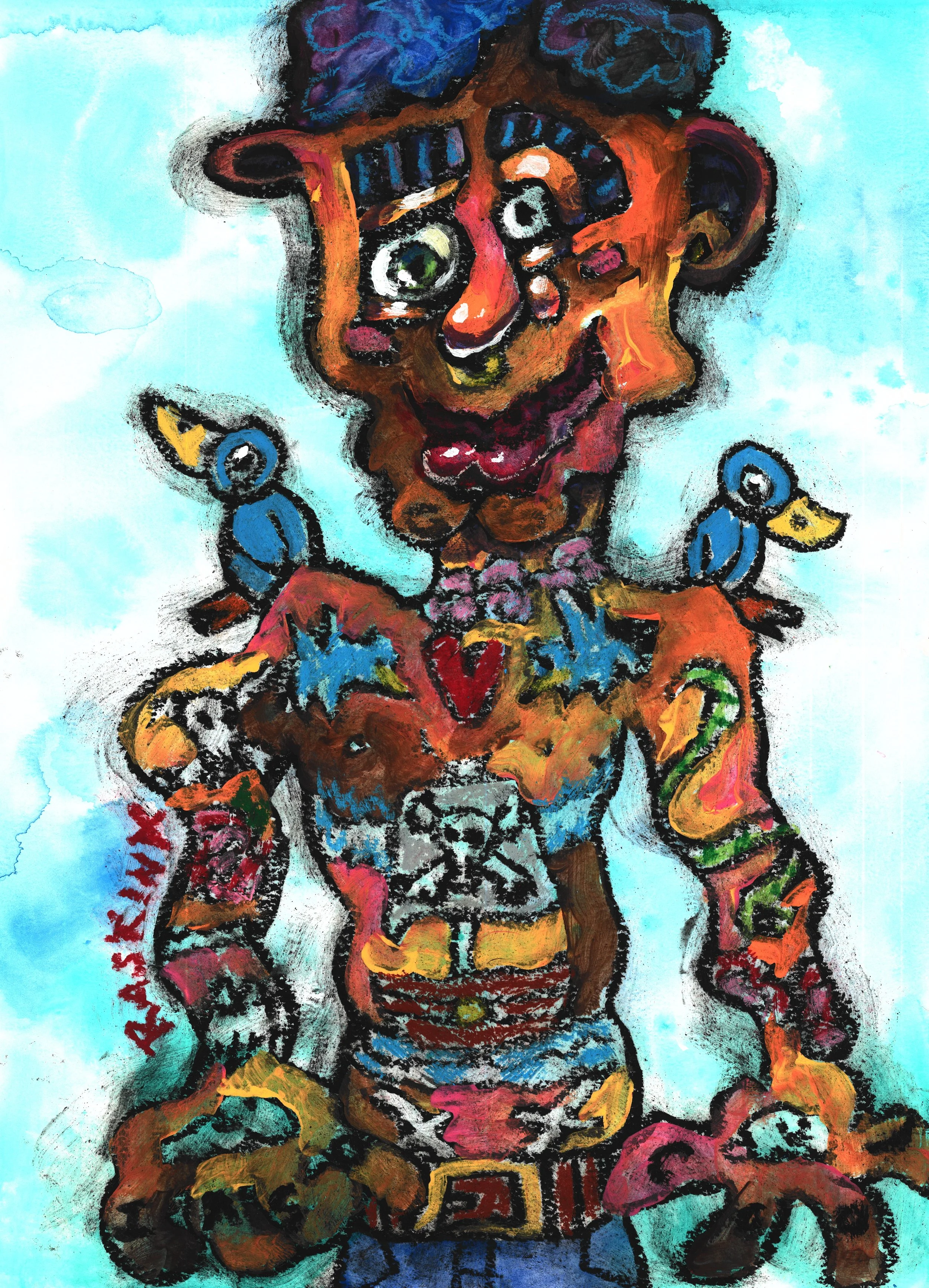No Ragrets. Acrylic & Oil Pastel on Watercolor Paper. 14 x 11". Available