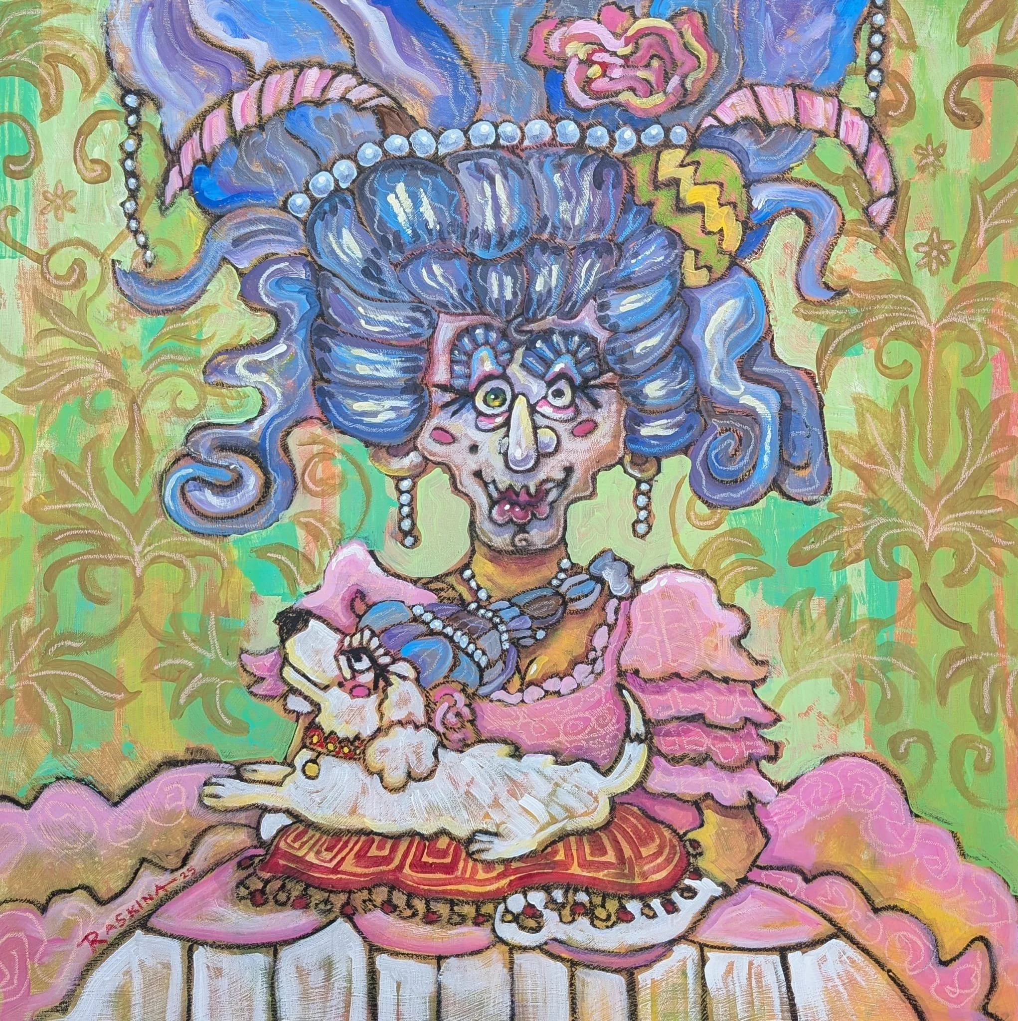 Cuckoo for Rococo. Acrylic & Oil Pastel on Canvas. 36 x 36". Available