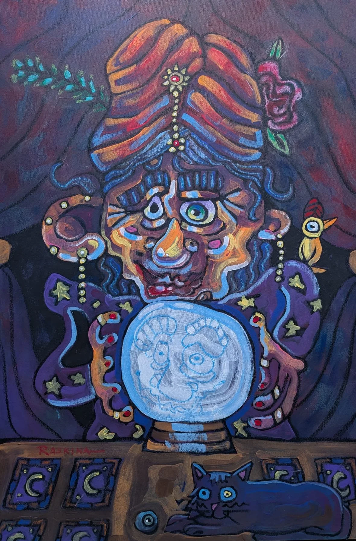 Fortune Teller. Acrylic & Oil Pastel on Canvas. 36 x 24" Available