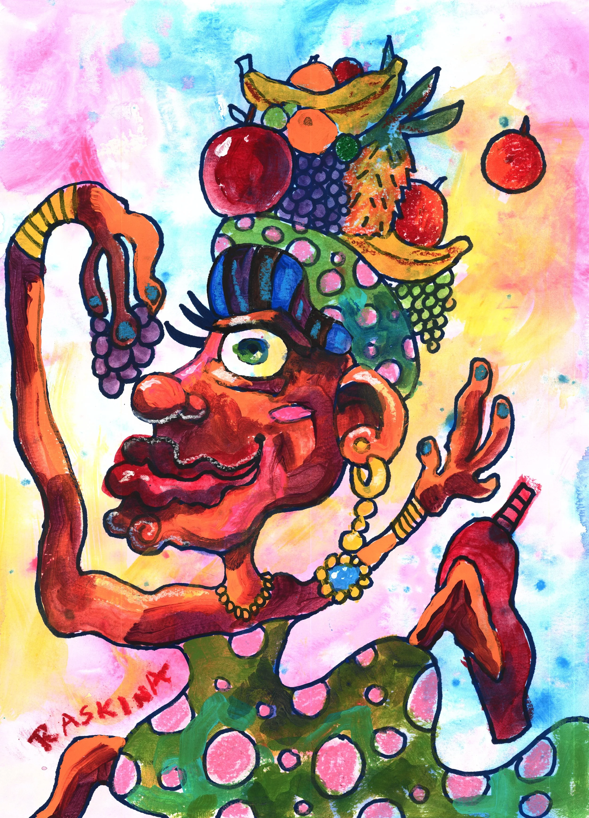 Fruit Salsa. Acrylic & Oil Pastel on Watercolor Paper. 14 x 11". Available