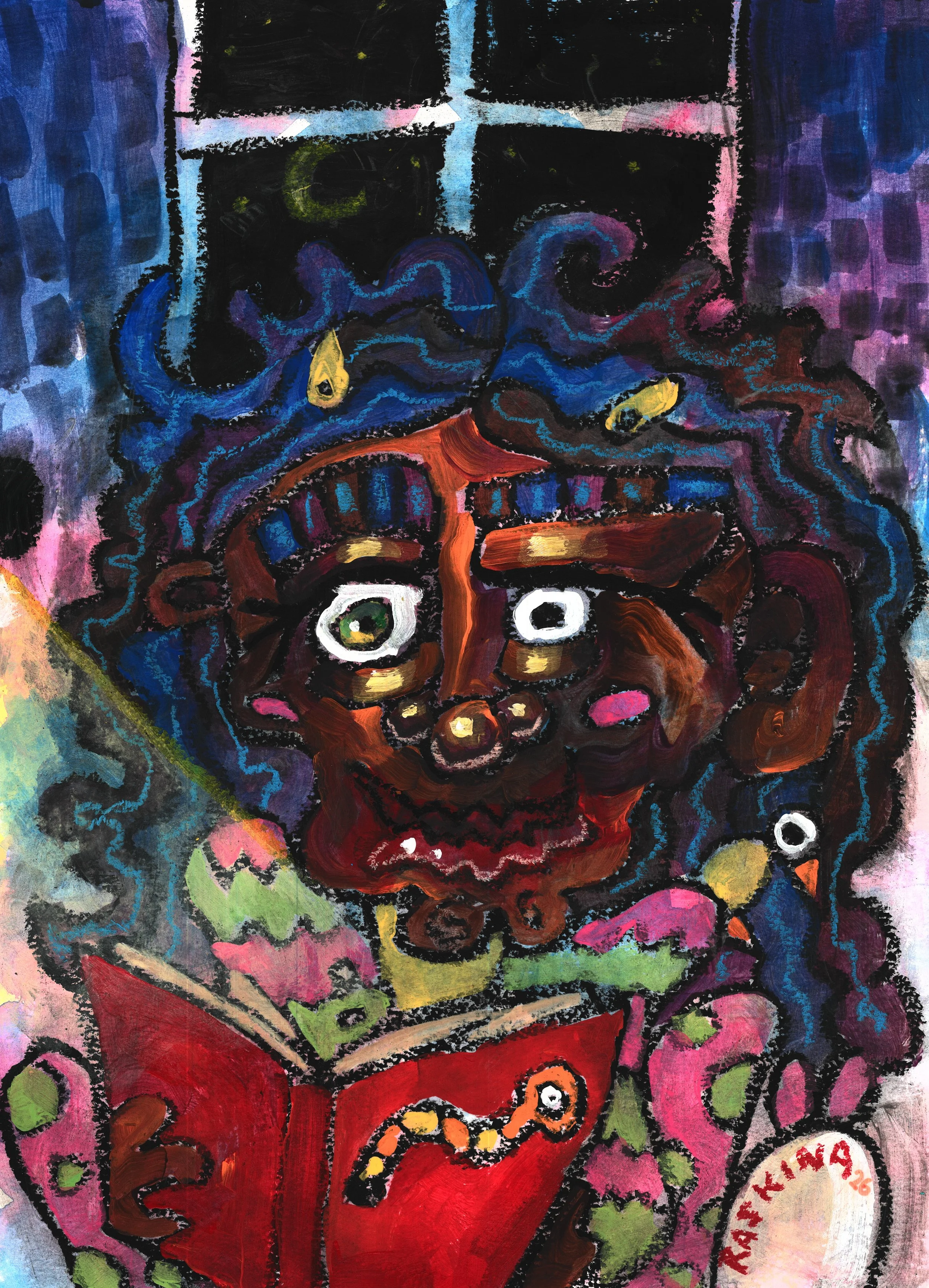 Book Worm. Acrylic & Oil Pastel on Watercolor Paper. 14 x 11". Available