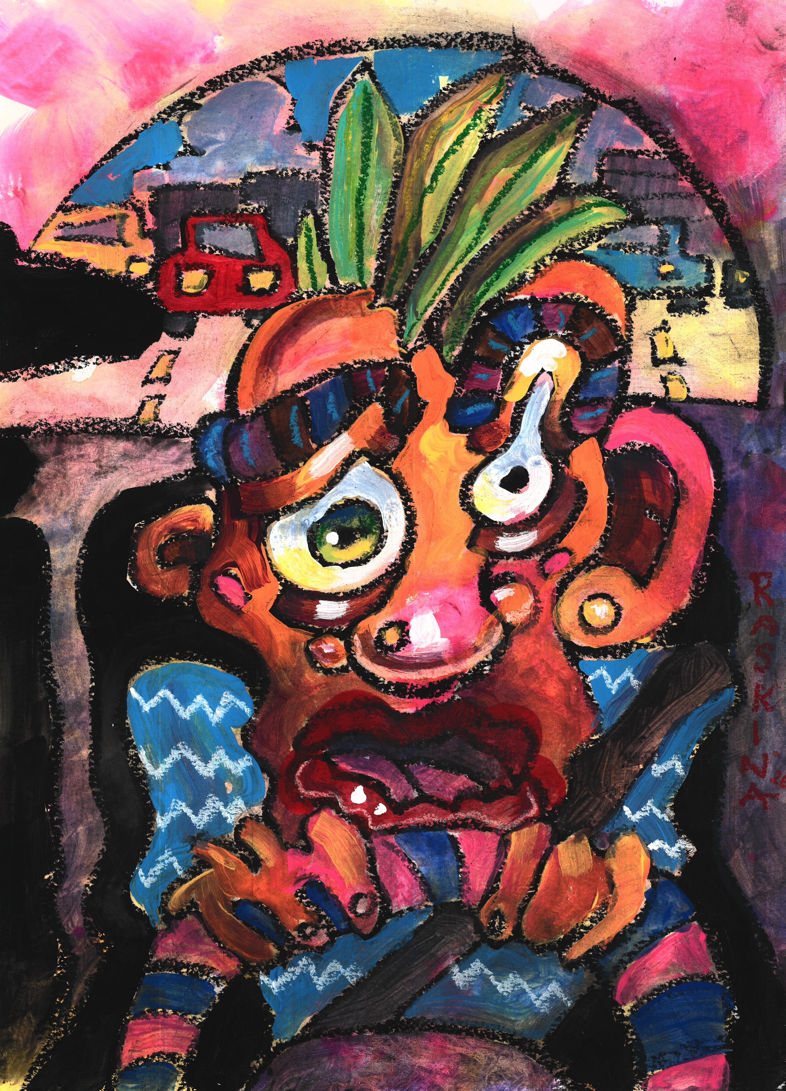 Freakin on the Freeway. Acrylic & Oil Pastel on Watercolor Paper. 14 x 11". Available