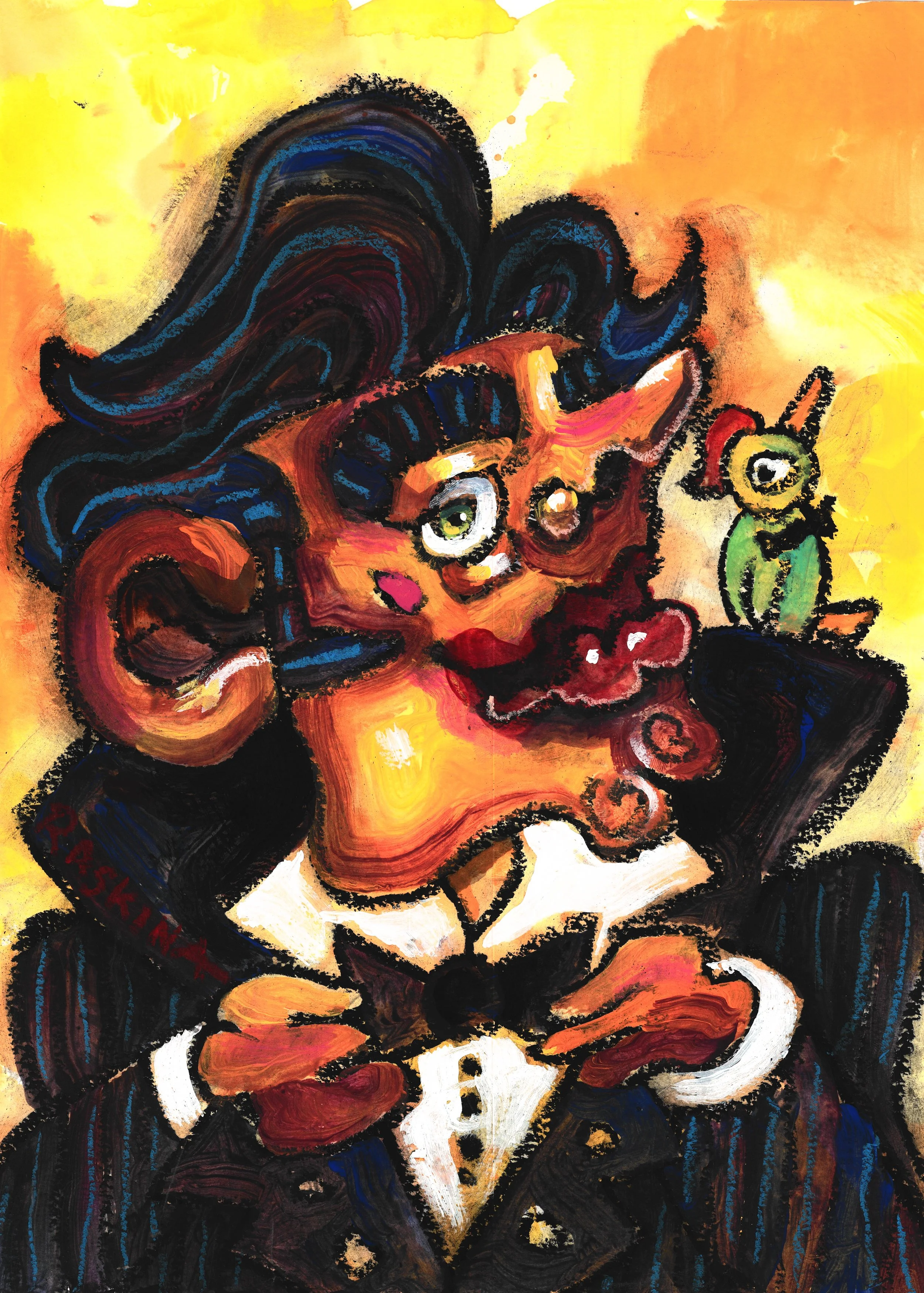 Don't Care, Nose in the Air. Acrylic & Oil Pastel on Watercolor Paper. 14 x 11". Available