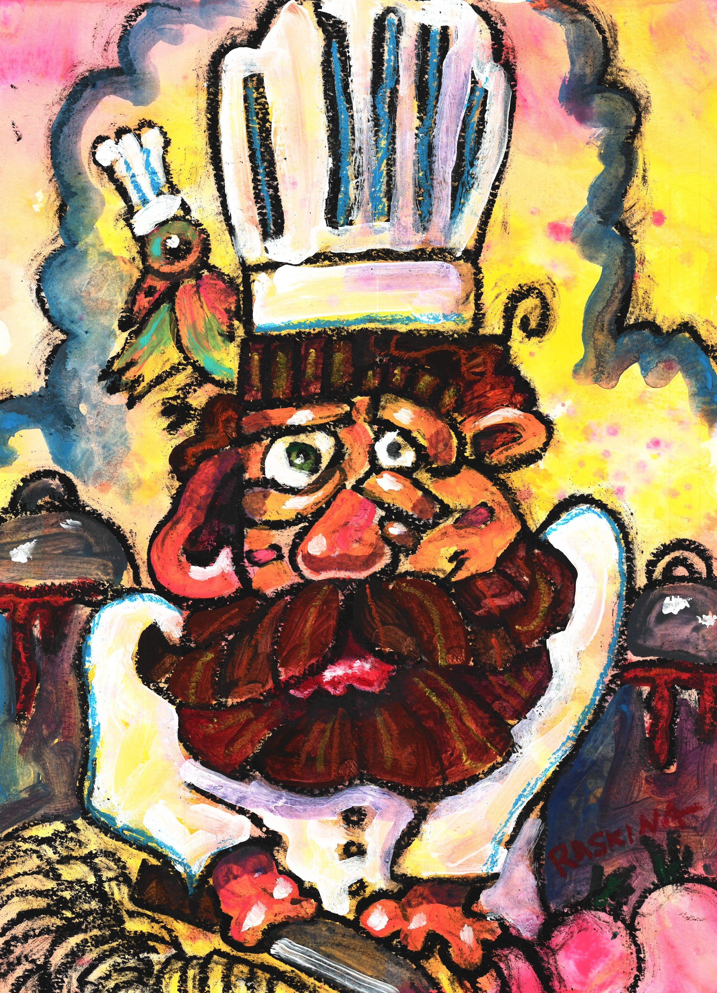 YES CHEF! Acrylic & Oil Pastel on Watercolor Paper. 14 x 11". Available through Moonlight Art Collective.
