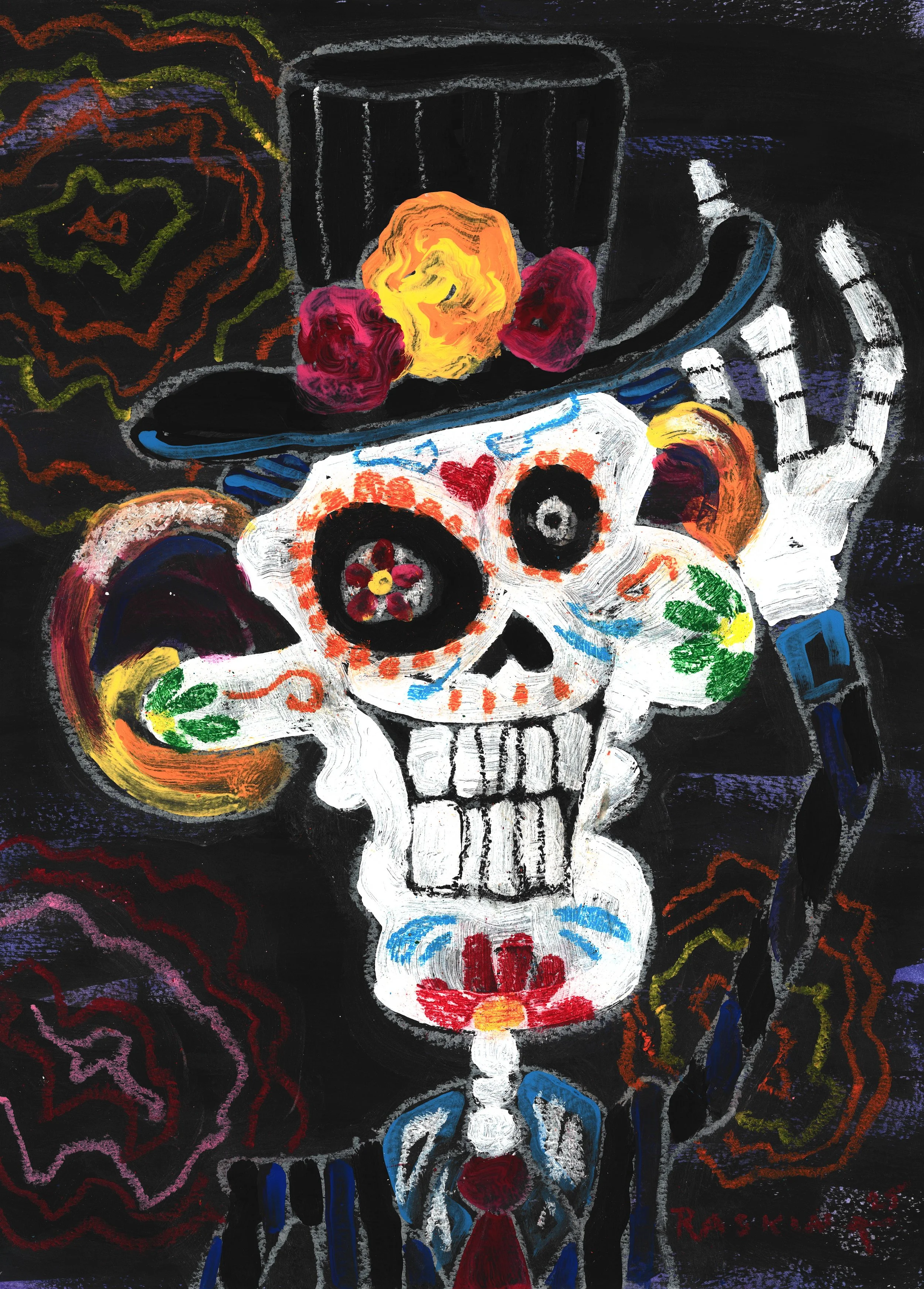 Remember Great Great Great Uncle Carlos? Acrylic & Oil Pastel on Watercolor Paper. 14 x 11". Available