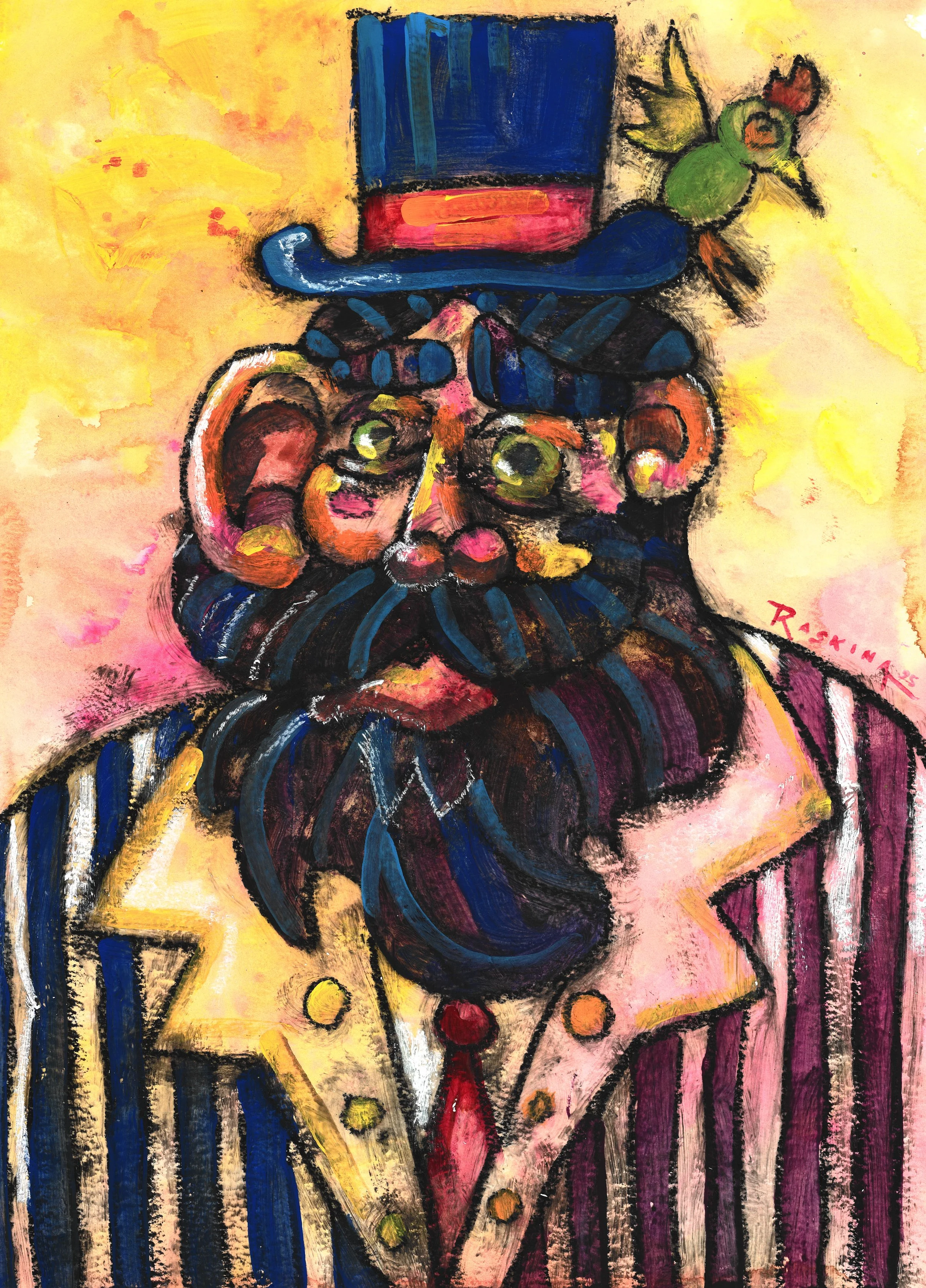 Gentleman with Hat & Bird No. 1. Acrylic & Oil Pastel on Watercolor Paper. 14 x 11". Available