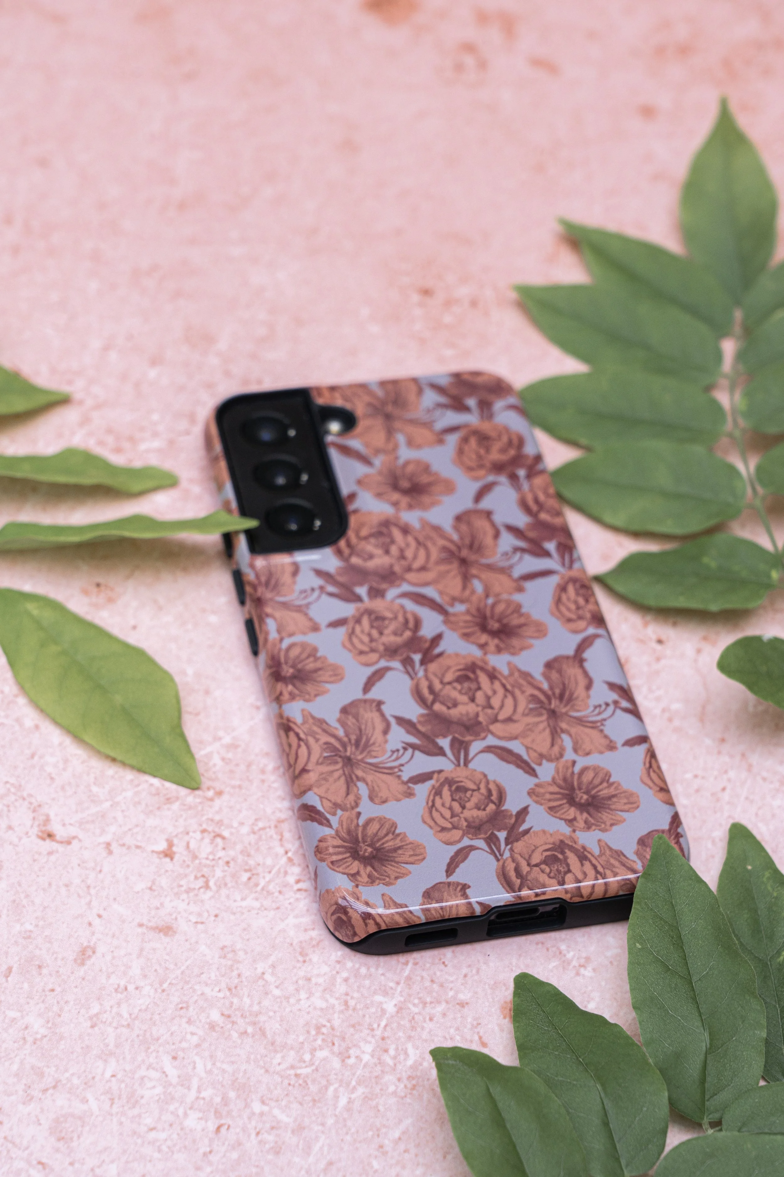 Floral Handyhülle Terracotta/Rauchblau