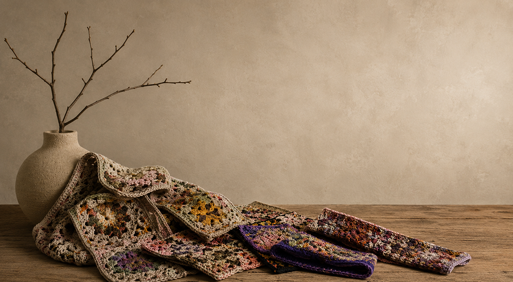 Colorful crochet dishcloths and towels on a wooden table with a beige vase containing bare branches, against a plain beige wall.