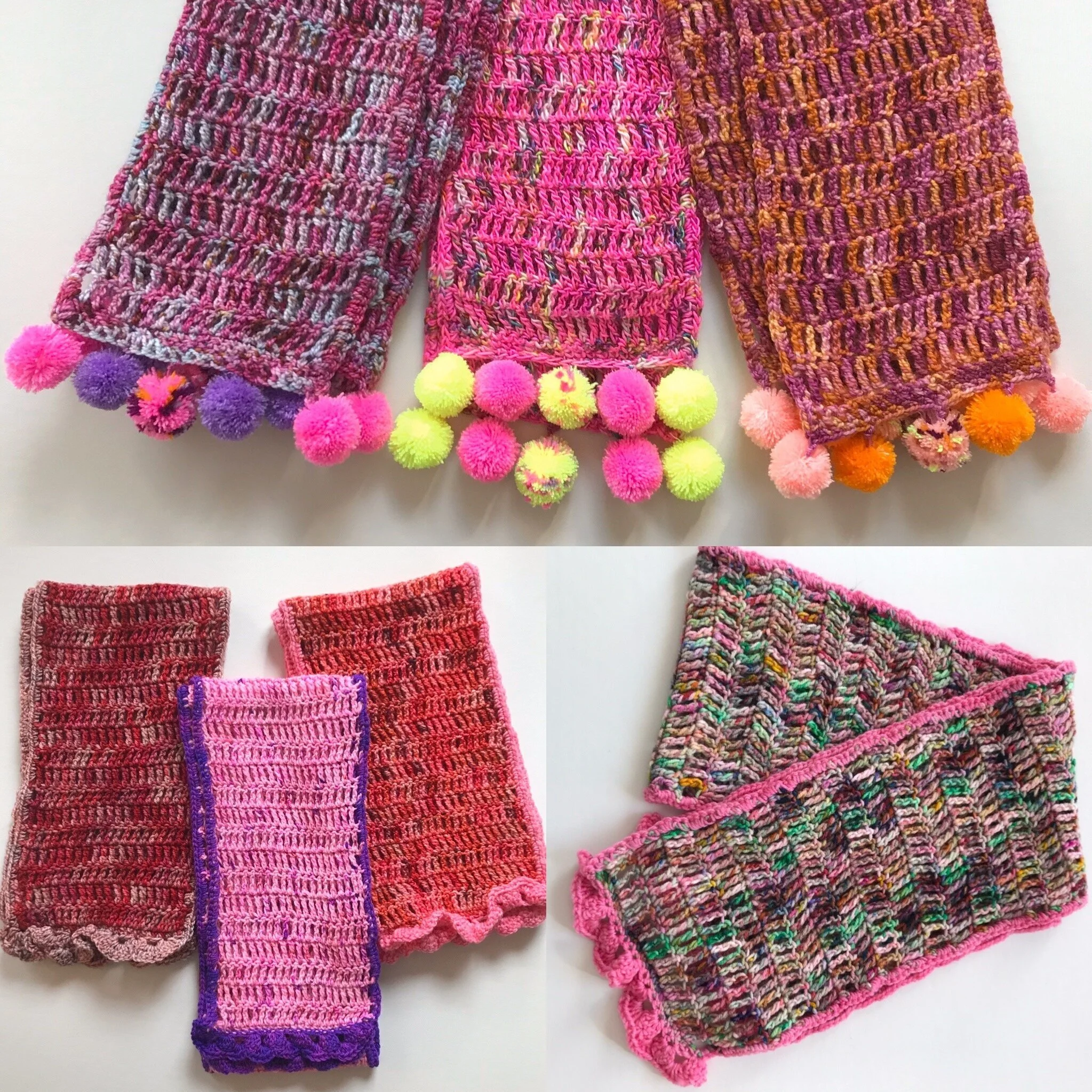 Three colorful woven scarves with pom-pom fringes at the ends, displayed as a top row. The bottom left shows four crochet dishcloths in various shades of red, pink, and purple. The bottom right displays a multicolored woven scarf with a pink border.