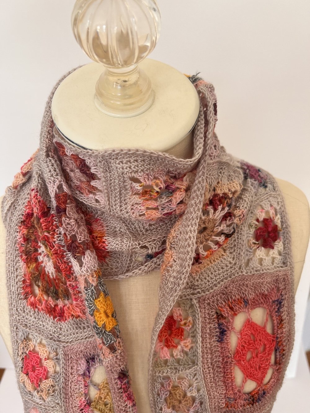 Bright Pink Lace Multi-Granny Square Scarf