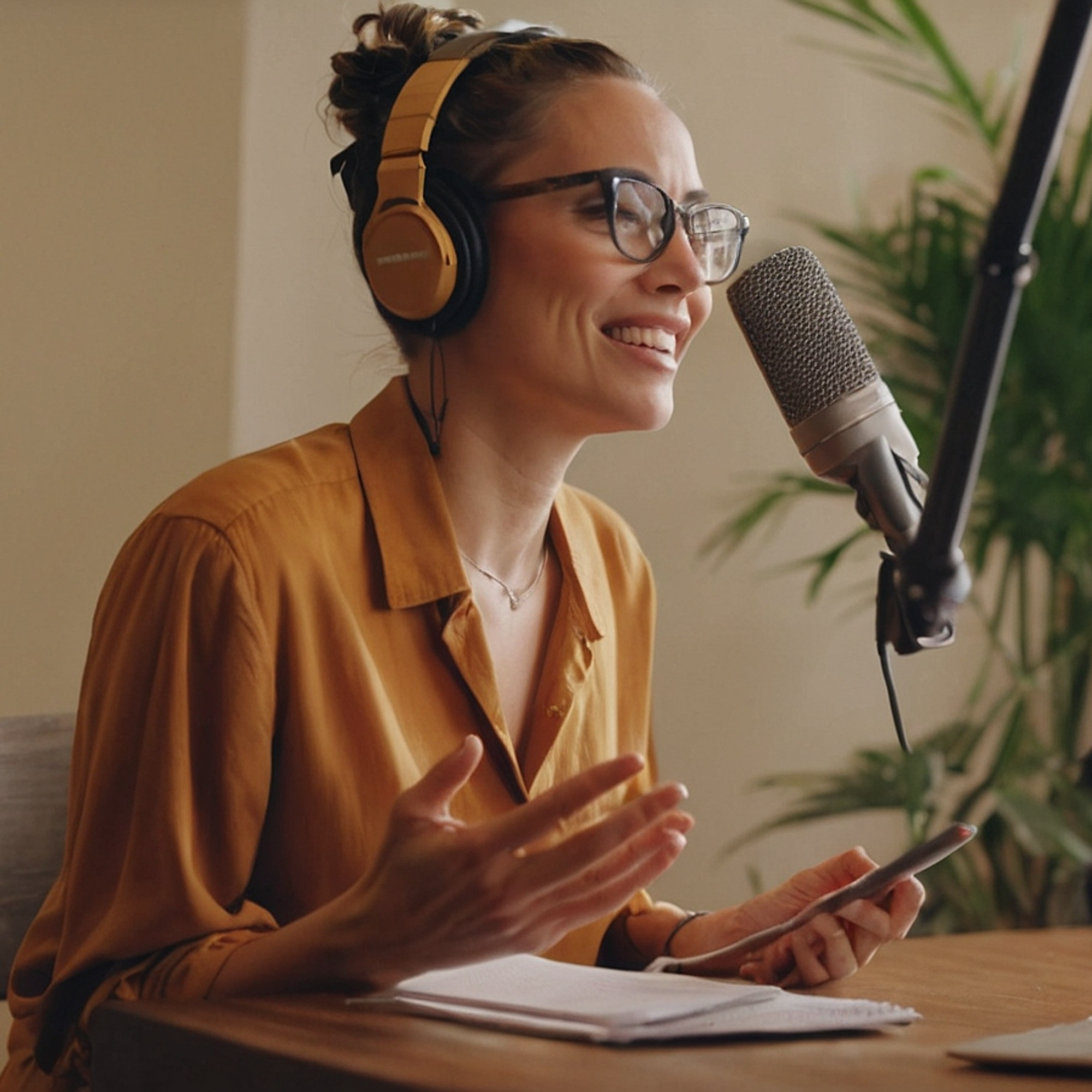 Femal smiling and wearing headphones