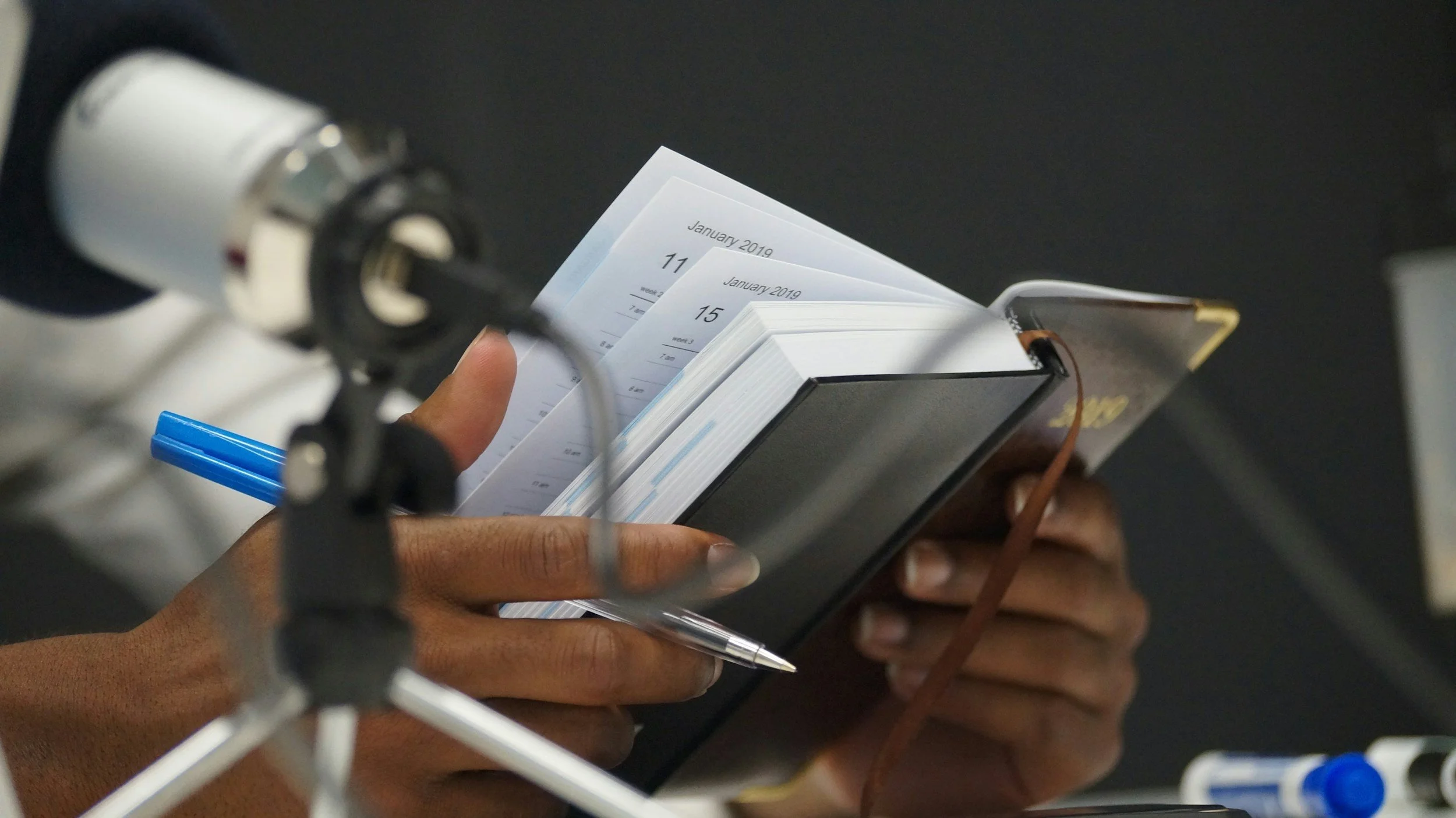 Hands holding a diary and pen in reading position.
