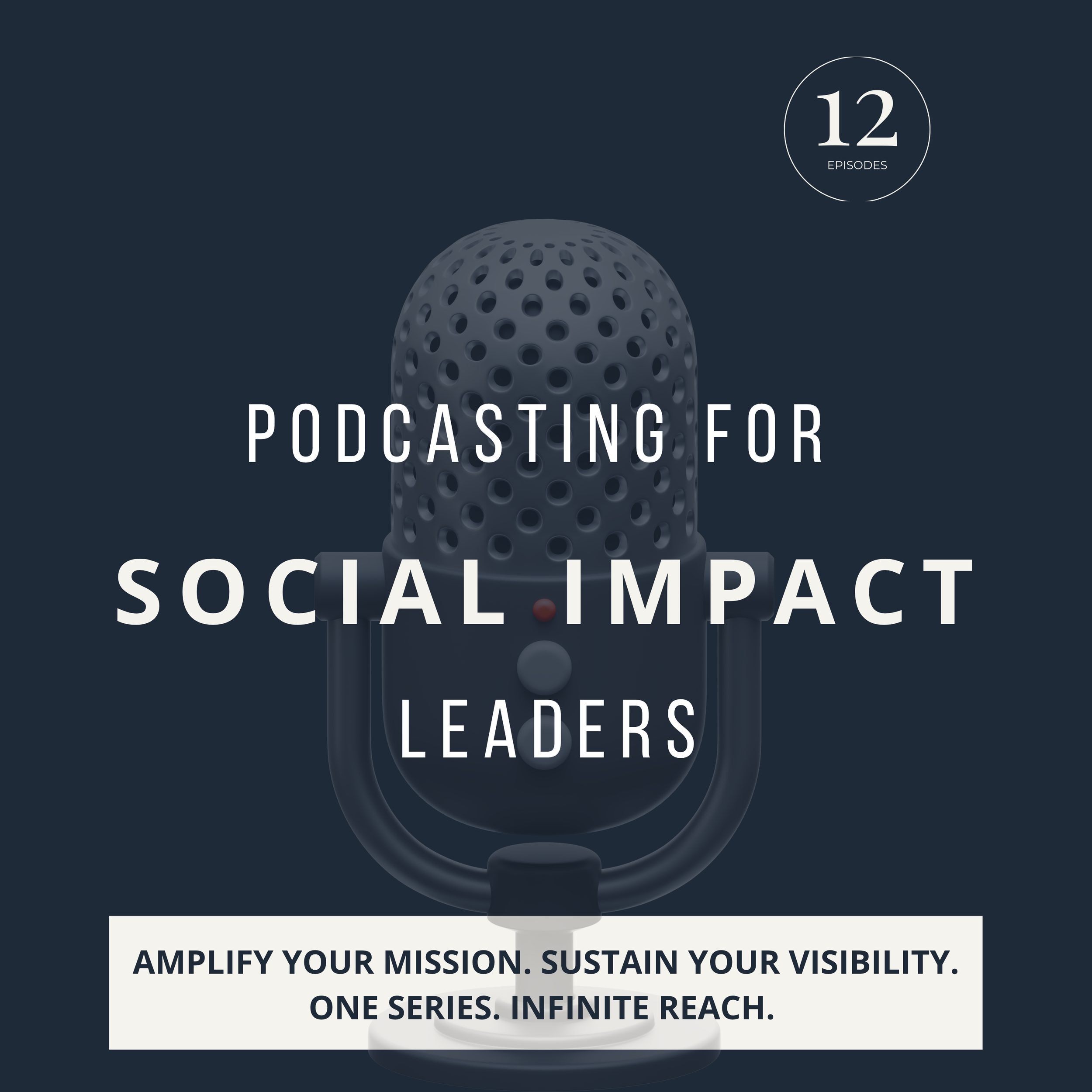 Cover art for a podcast titled 'Podcasting for Social Impact Leaders' featuring a large, dark microphone with text overlay.