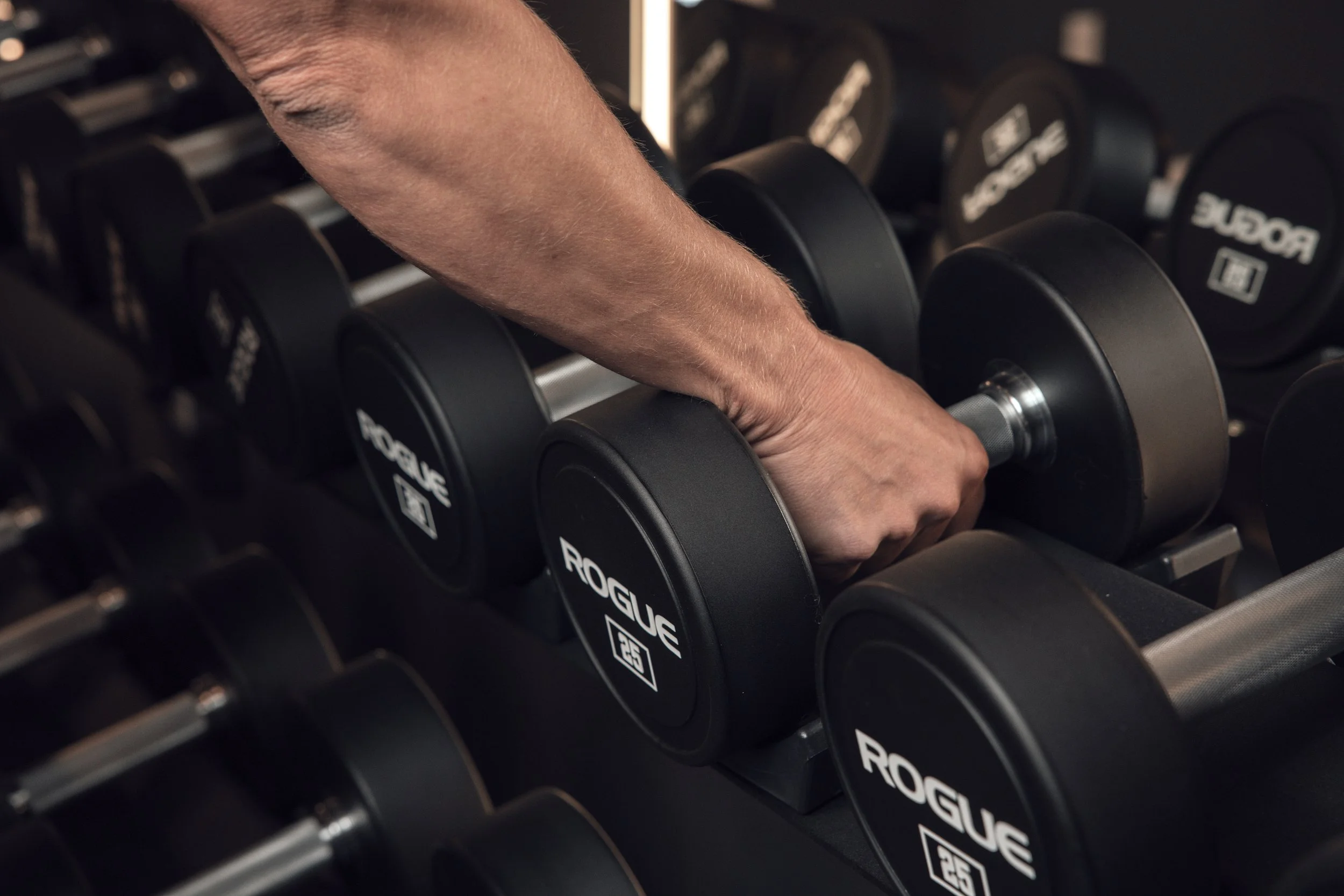 A person lifting a black Rogue 25-pound dumbbell in a gym with other similar dumbbells on a rack.
