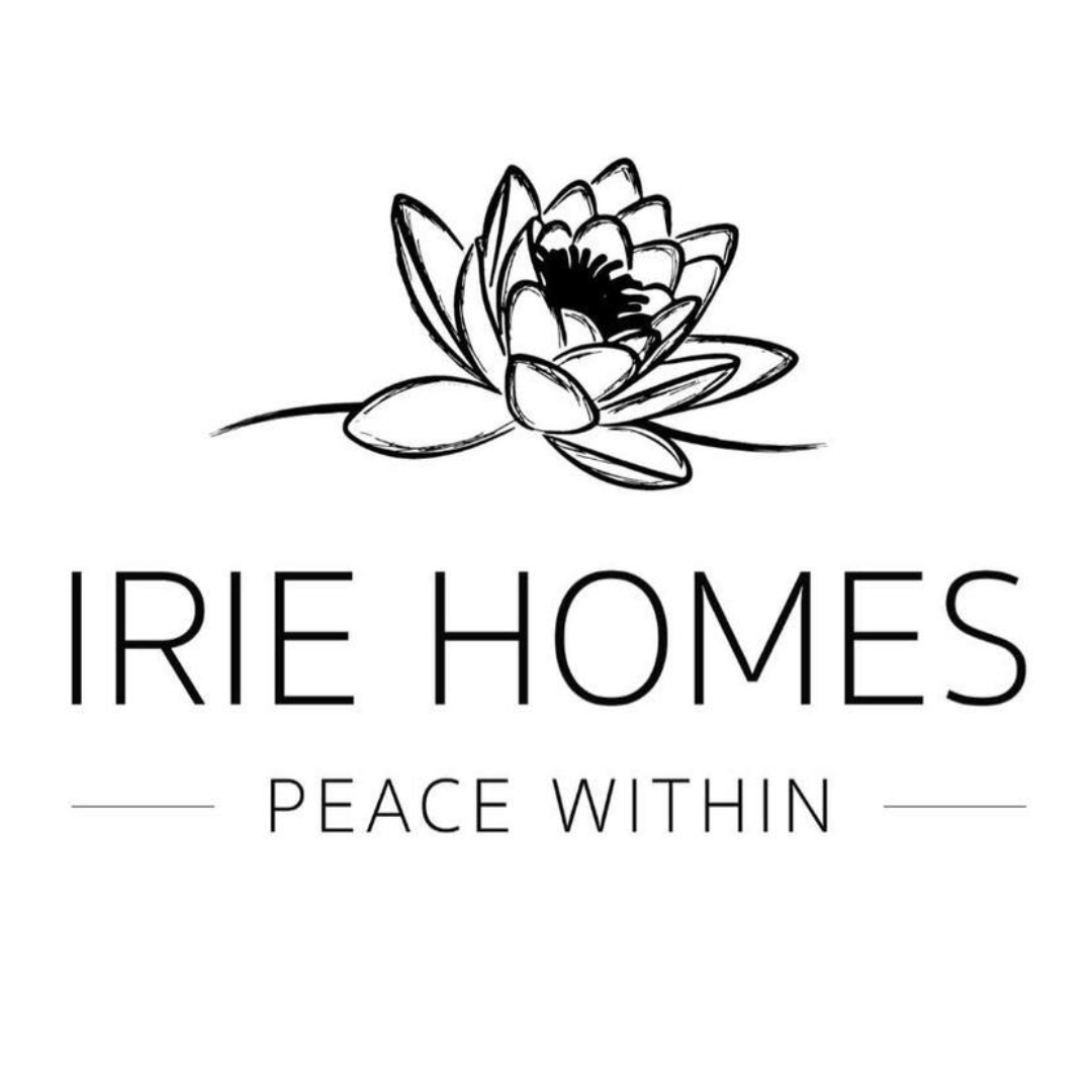 Logo for Irie Homes featuring a lotus flower illustration and the words 'IRIE HOMES PEACE WITHIN'.