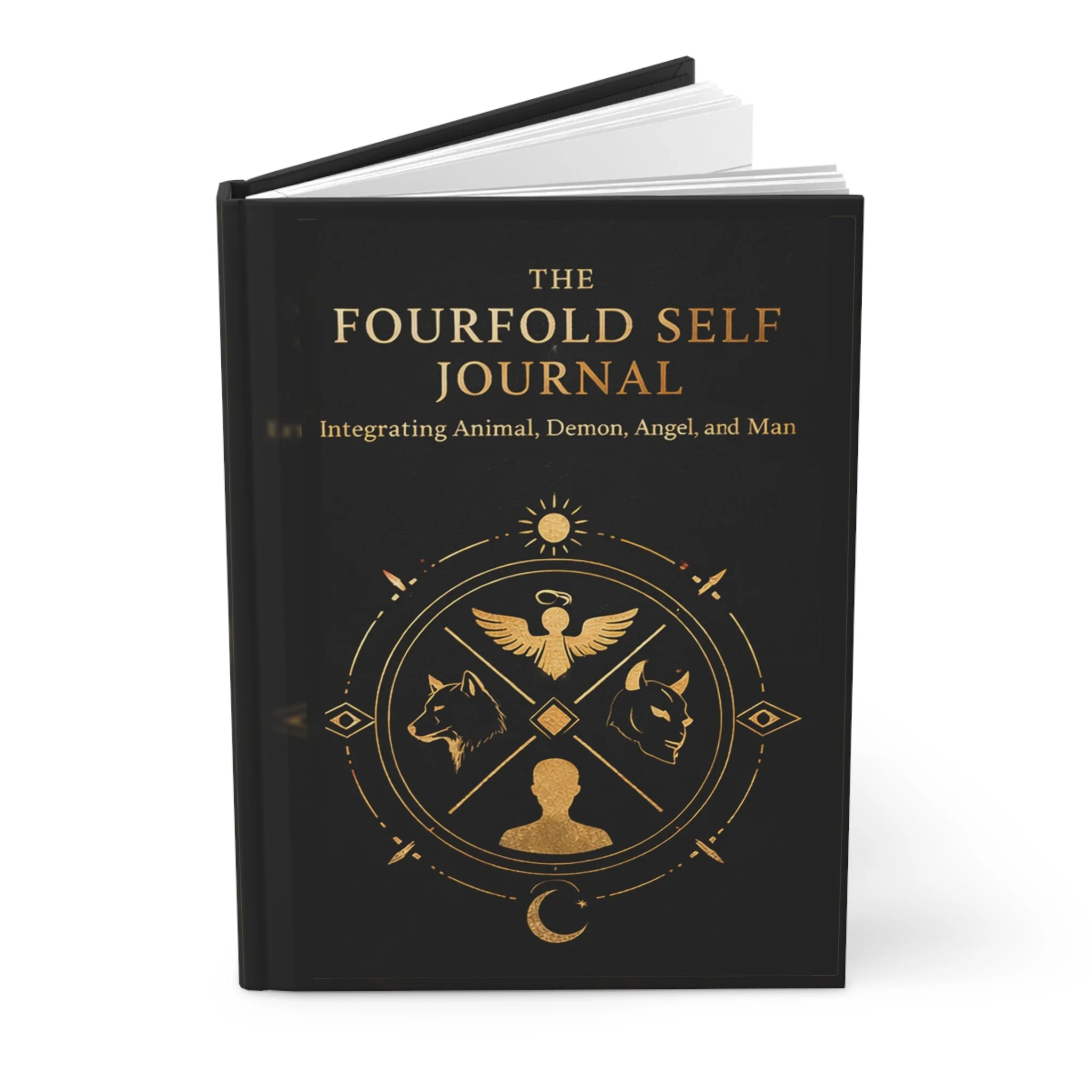 Fourfold Self lined journal opened upright, showing its black and gold compass cover and binding.