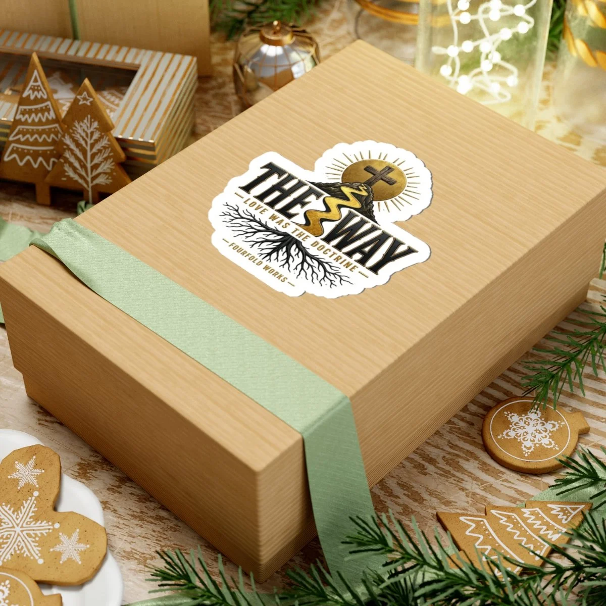The Way faith sticker on a wrapped gift box in a festive setting.