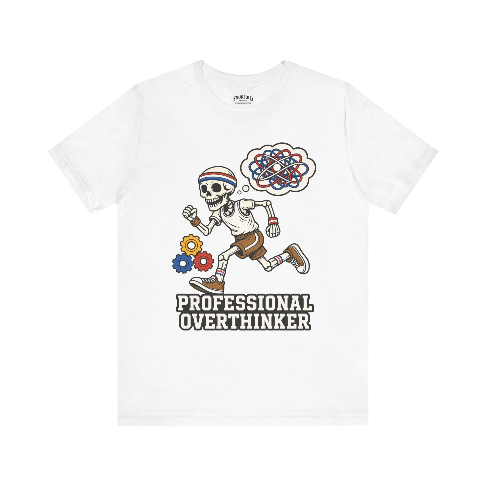 Front of the white Professional Overthinker T-shirt with running skeleton and thought-bubble artwork.