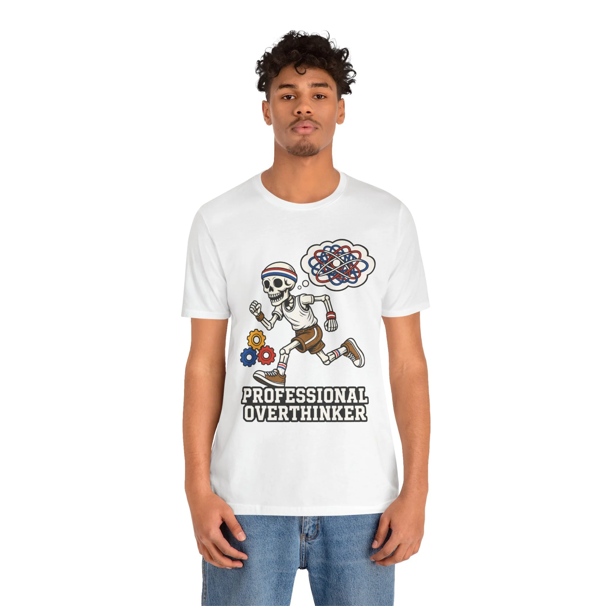 Model wearing the white Professional Overthinker graphic T-shirt, shown from the front.