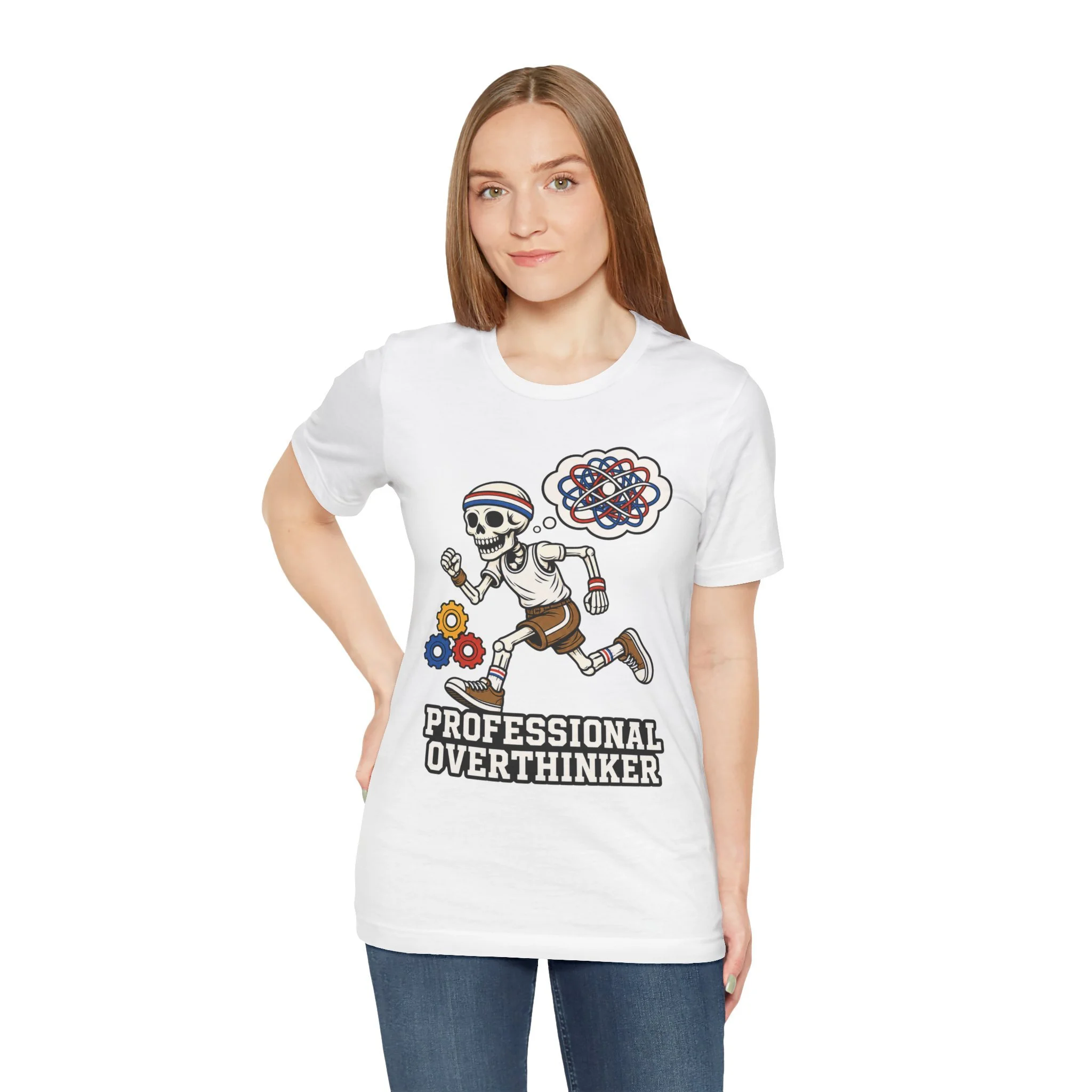 Second model wearing the white Professional Overthinker graphic T-shirt, shown from the front.