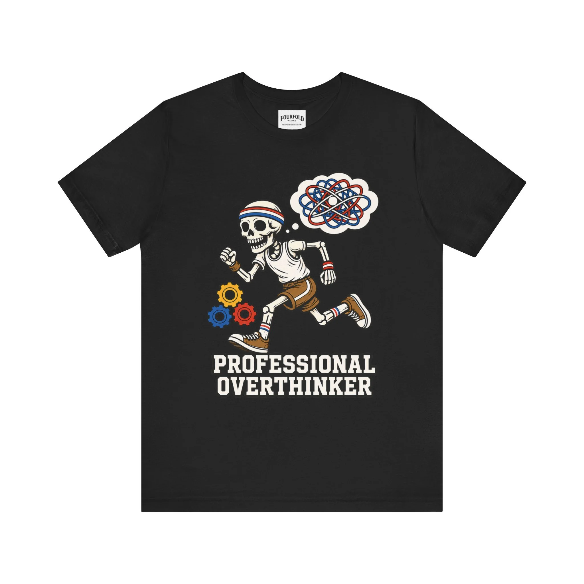 Front of the black Professional Overthinker T-shirt with running skeleton and thought-bubble artwork.