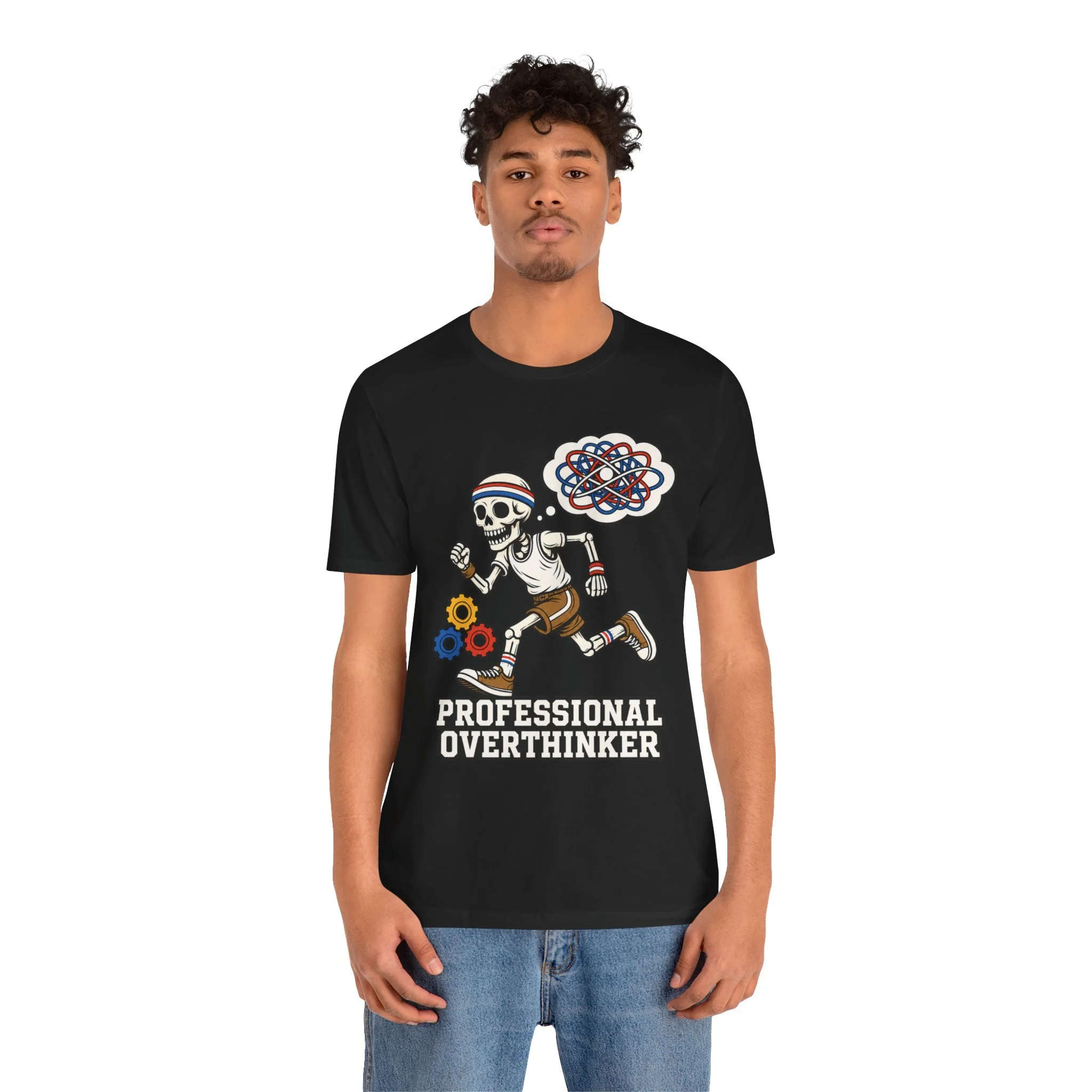 Model wearing the black Professional Overthinker graphic T-shirt, shown from the front.