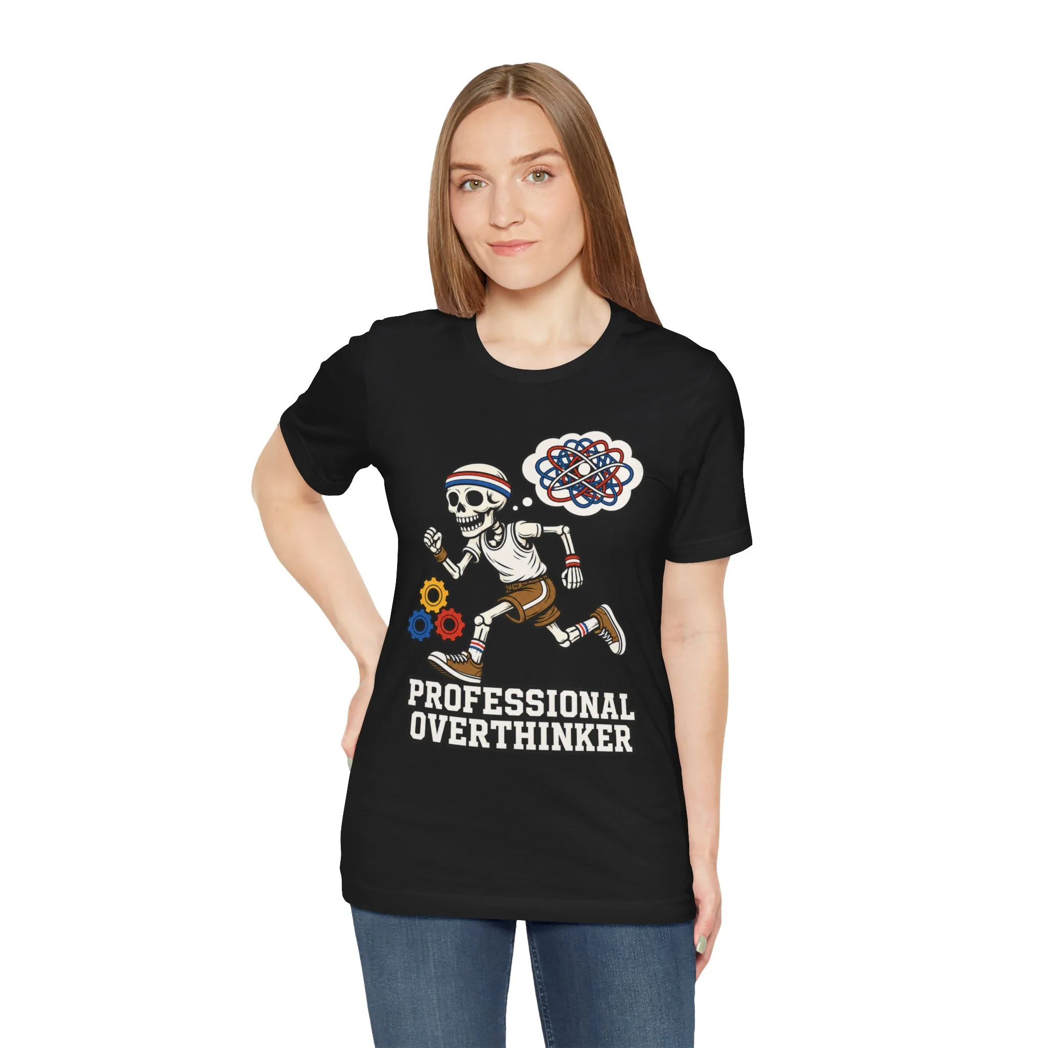 Second model wearing the black Professional Overthinker graphic T-shirt, shown from the front.