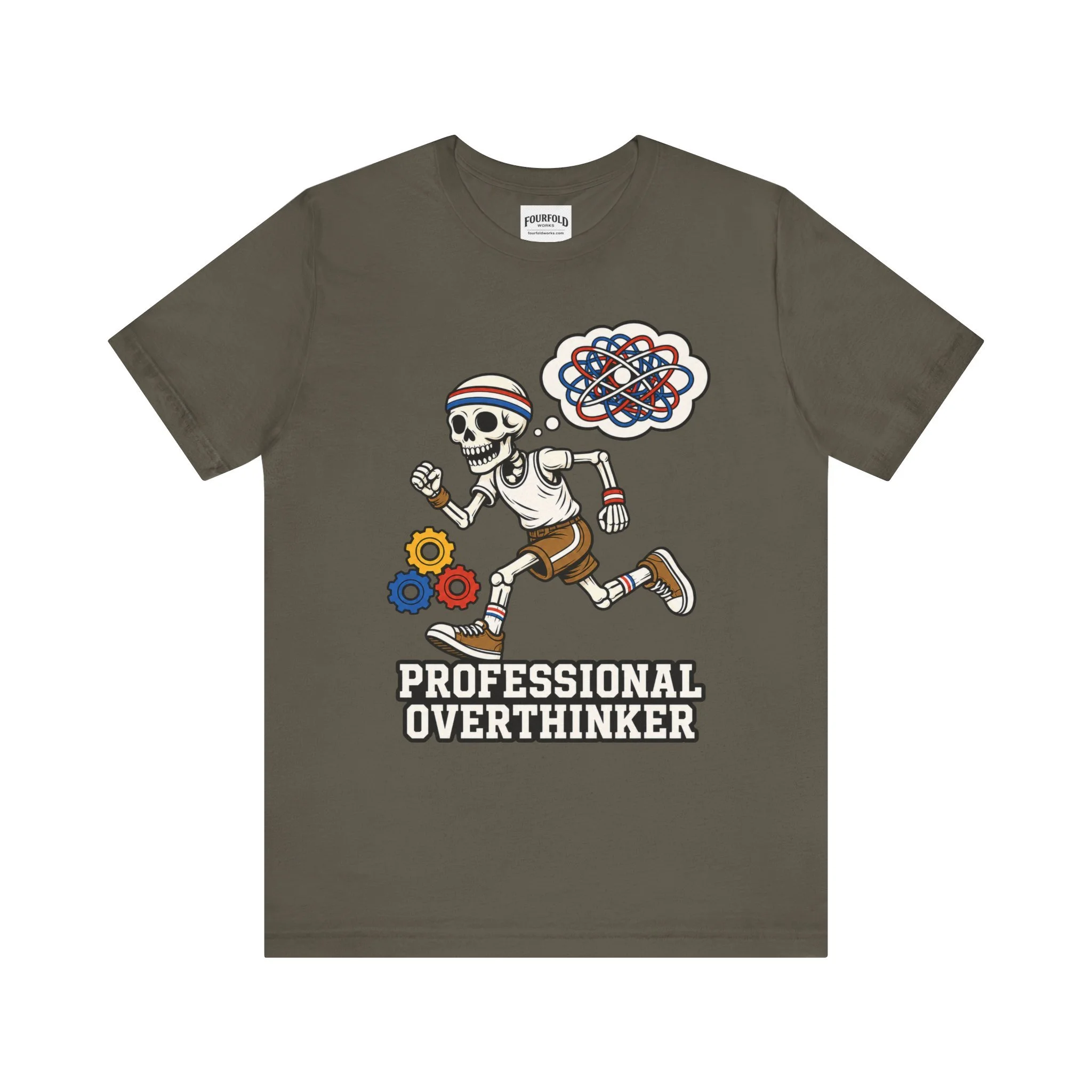 Front of the olive-colored Professional Overthinker T-shirt with running skeleton and thought-bubble artwork.