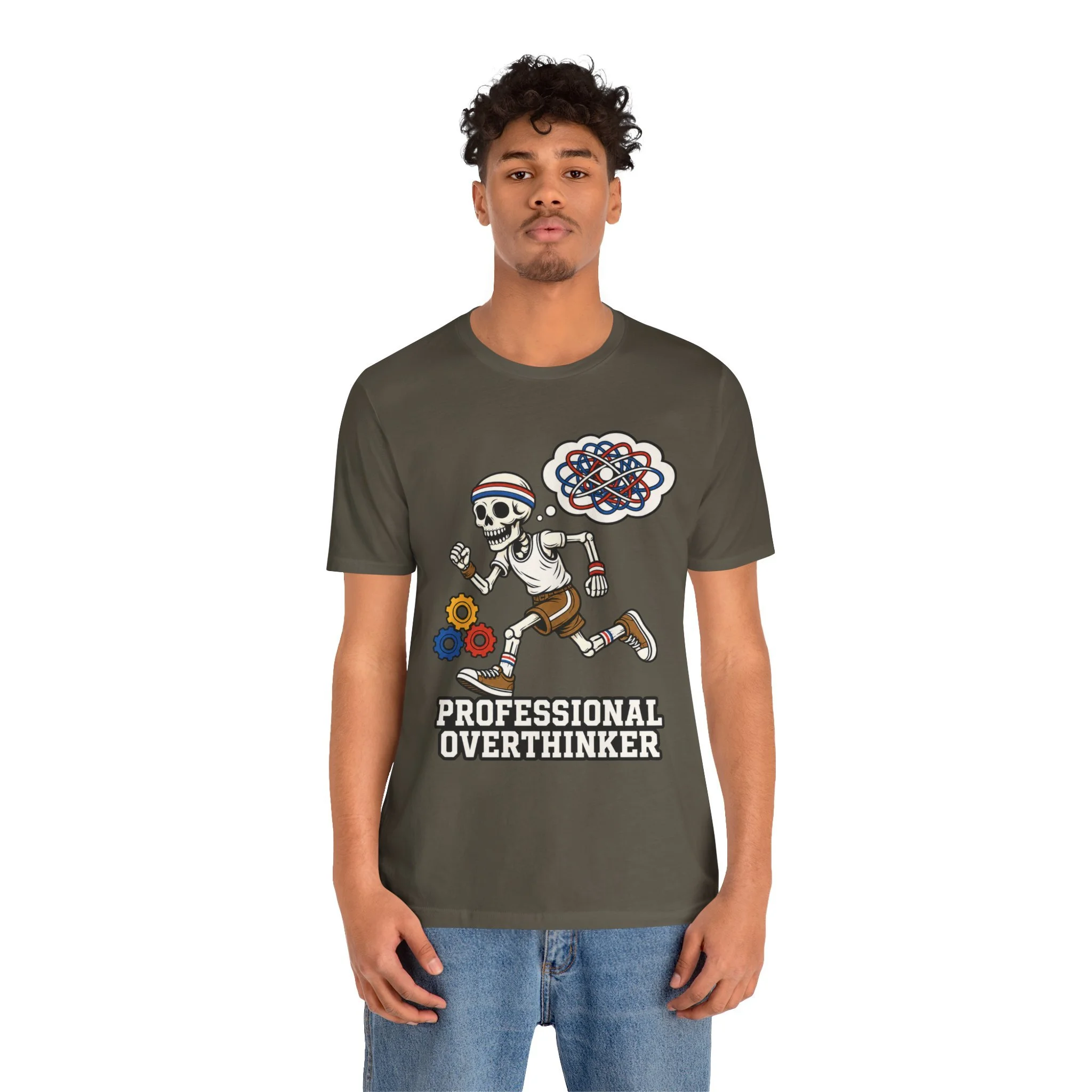 Model wearing the olive-colored Professional Overthinker graphic T-shirt, shown from the front.